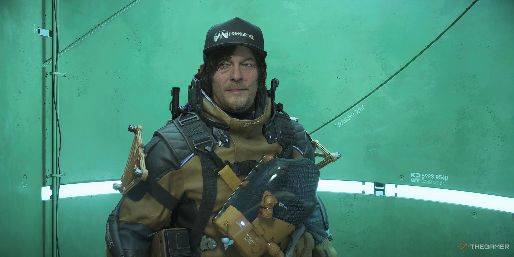 Sam Porter Bridges in an elevator in Death Stranding 2: On the Beach.
