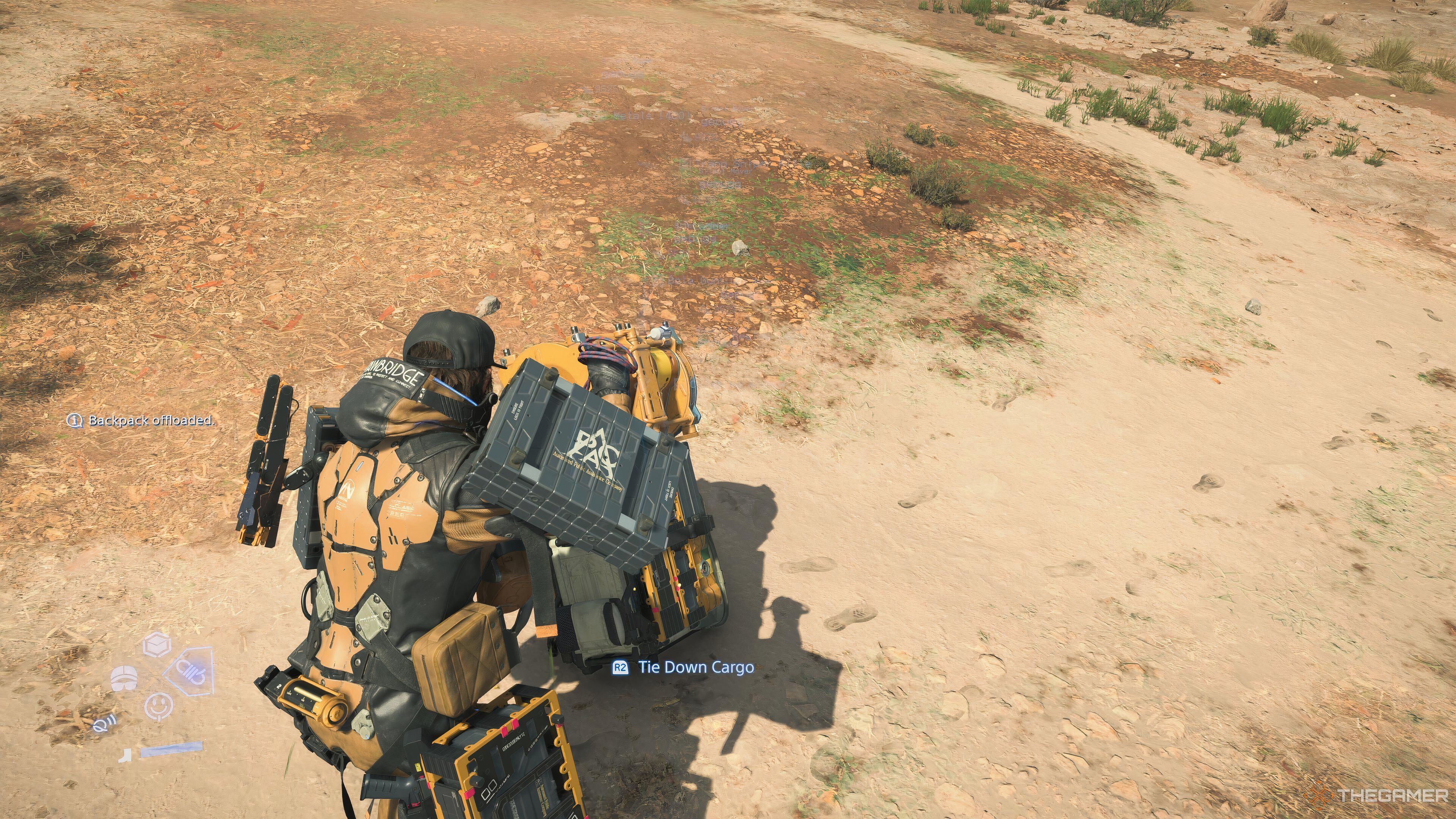 Sam about to tie down his cargo in Death Stranding 2: On the Beach.