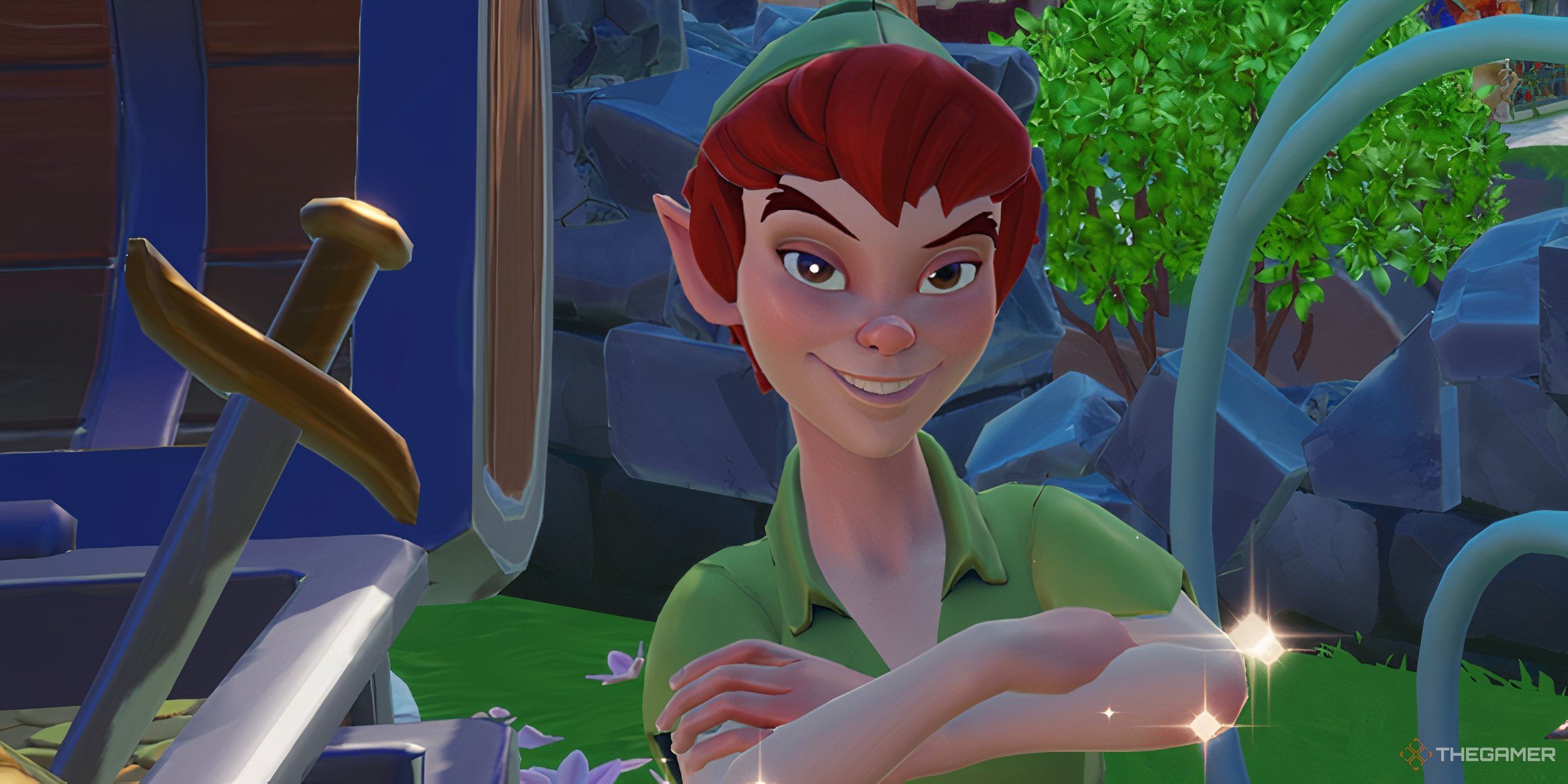 Peter Pan up close and smirking.