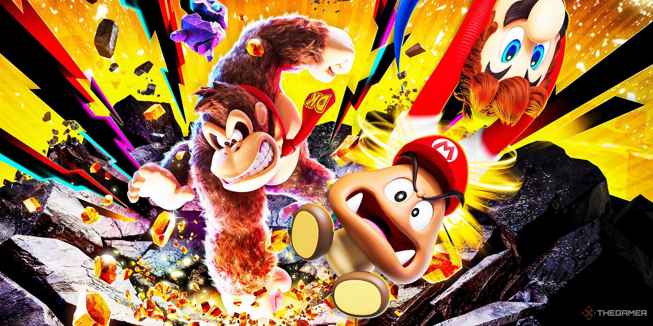Donkey Kong next to a Goomba and Mario from Super Mario Odyssey.