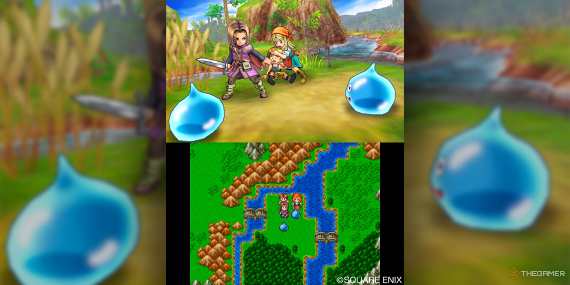 The hero being attacked by slimes in Dragon Quest 11 for the 3DS.