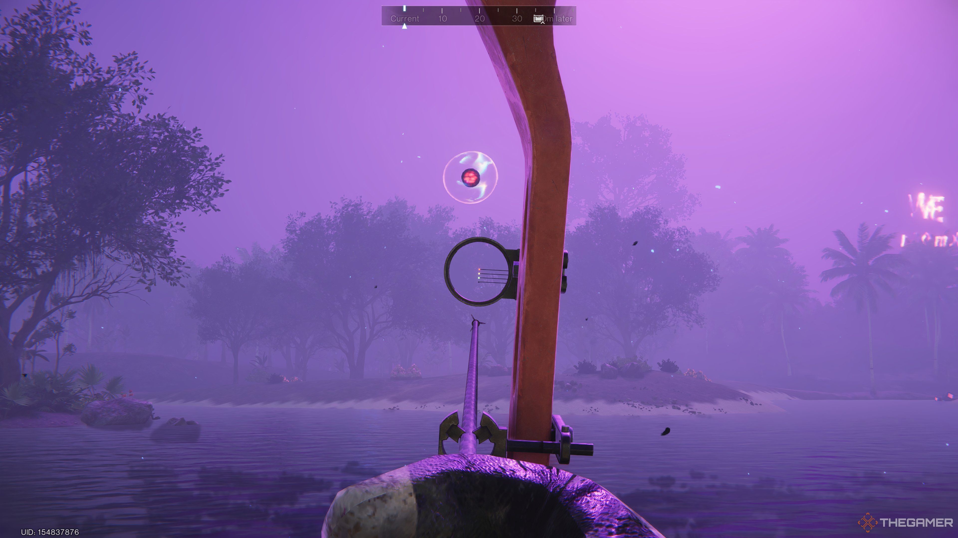 Dreamweaver Fruit, a floating bubble with a red core, above the scope of a crossbow in ADS.