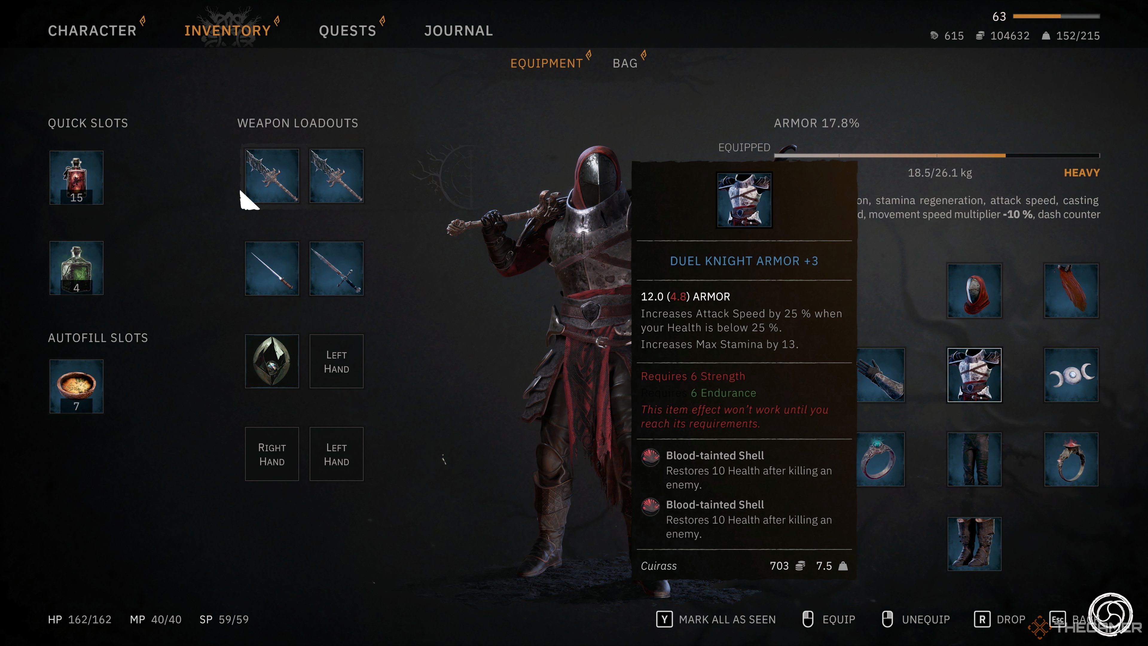 The Duel Knight Armor stats and description in Tainted Grail Fall of Avalon.