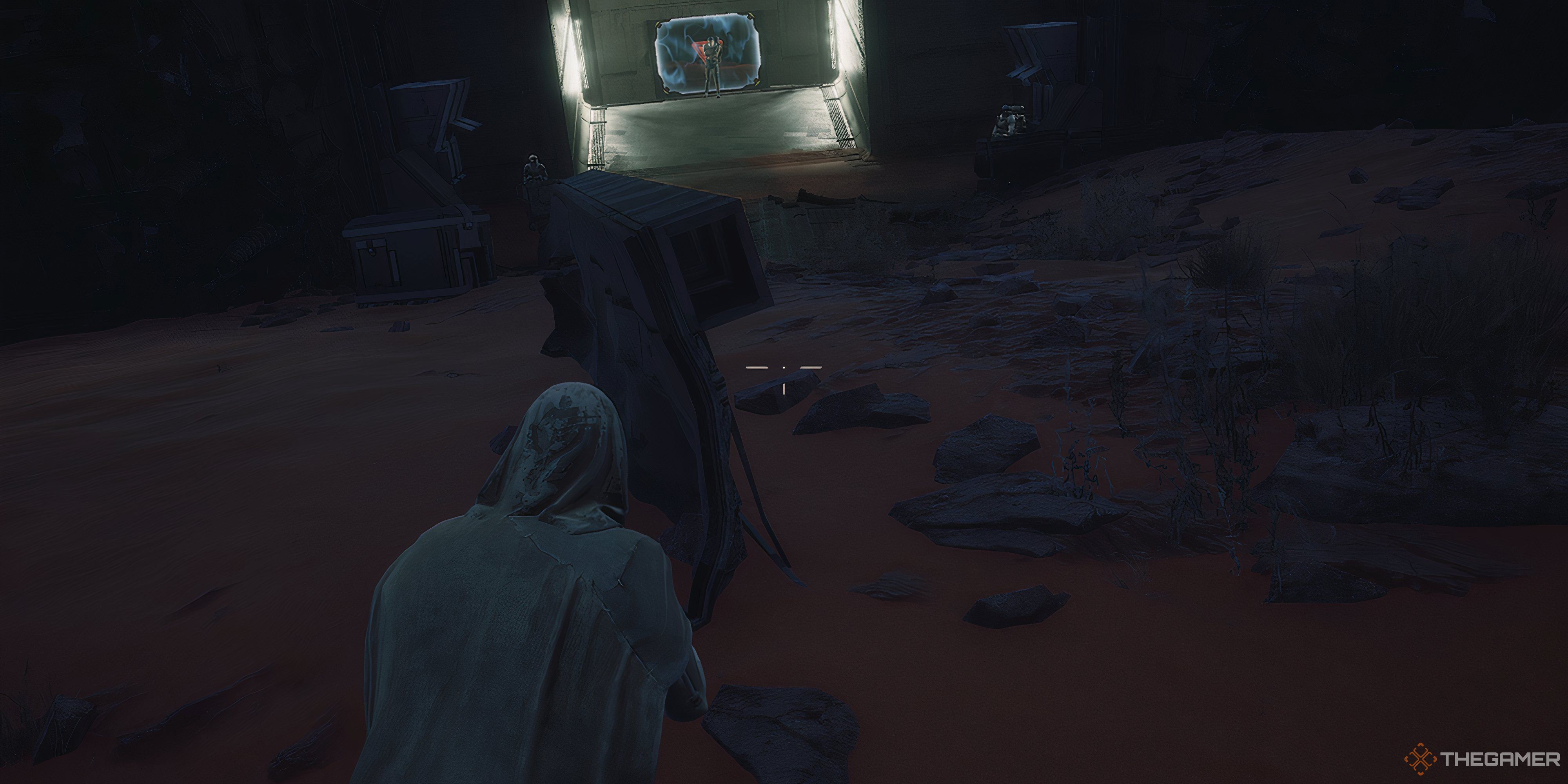 Player crouched behind a piece of metal at the entrance of The Wreck of the Actaeon in Dune: Awakening. 