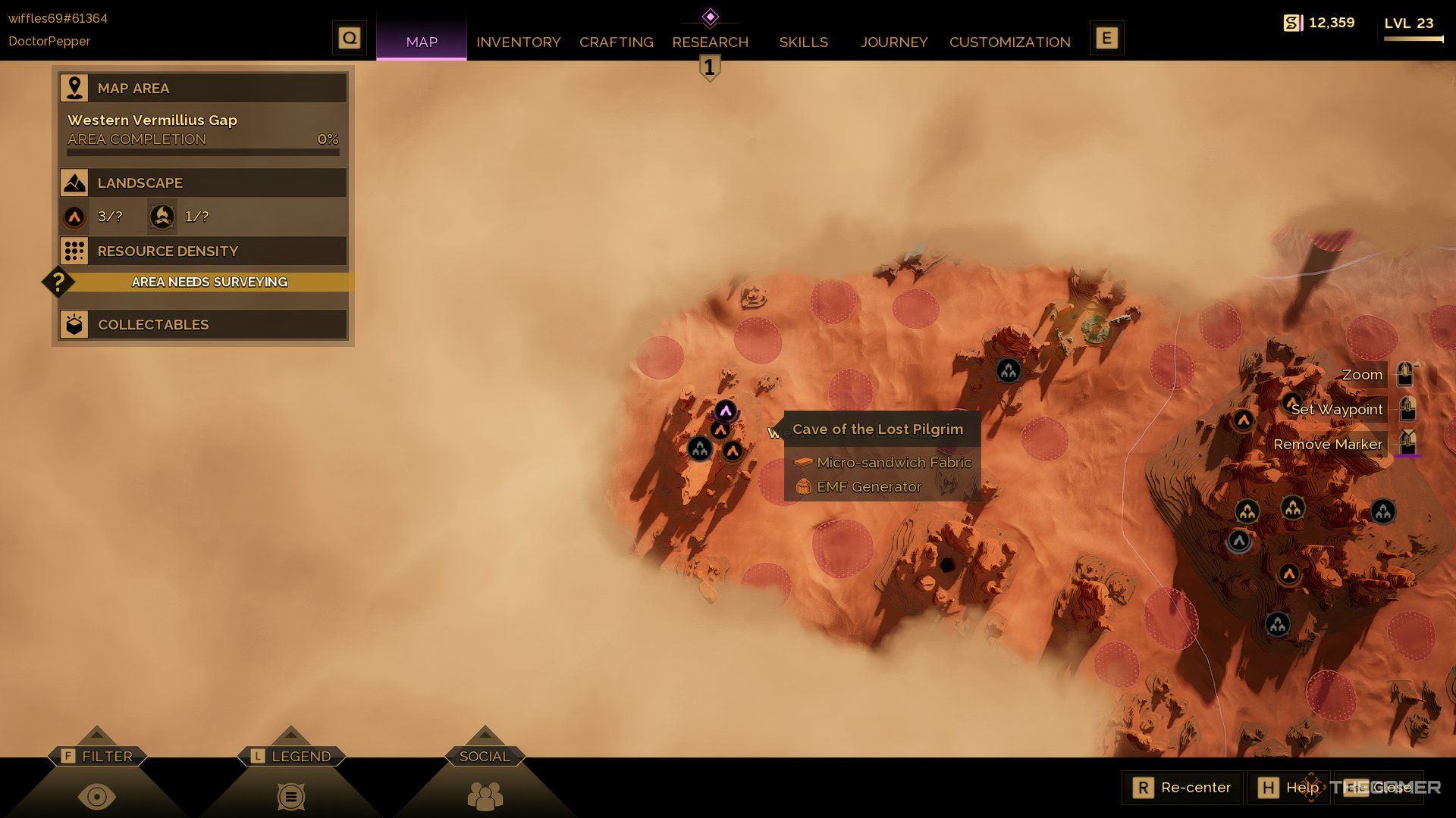 On the map of Dune: Awakening with the Cave of the Lost Pilgrim selected. 