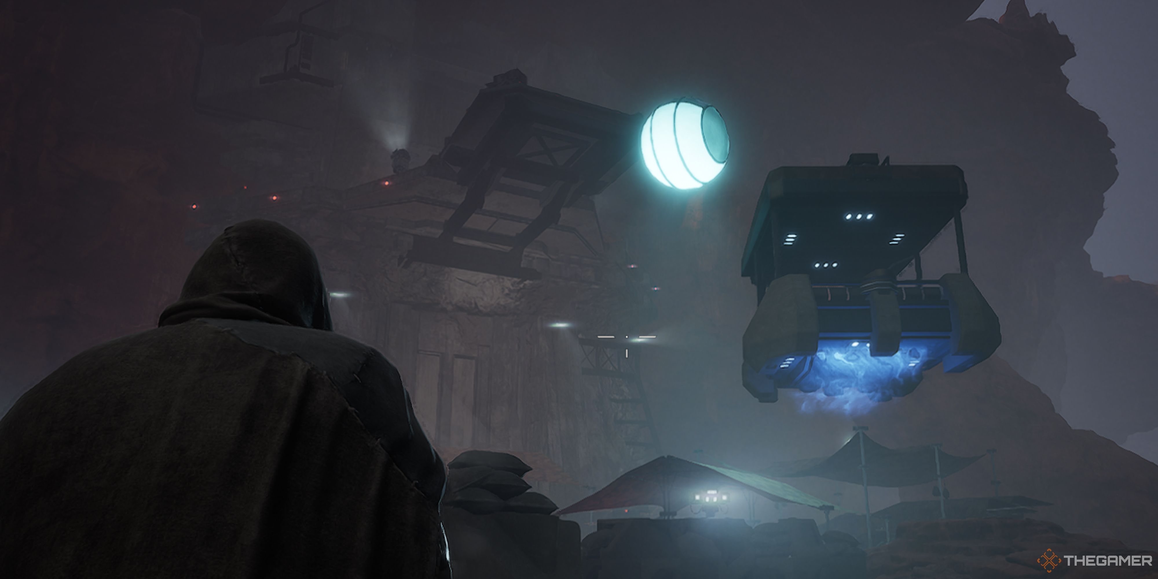 Player looking at a floating platform with a floating orb in front of it in Dune: Awakening.