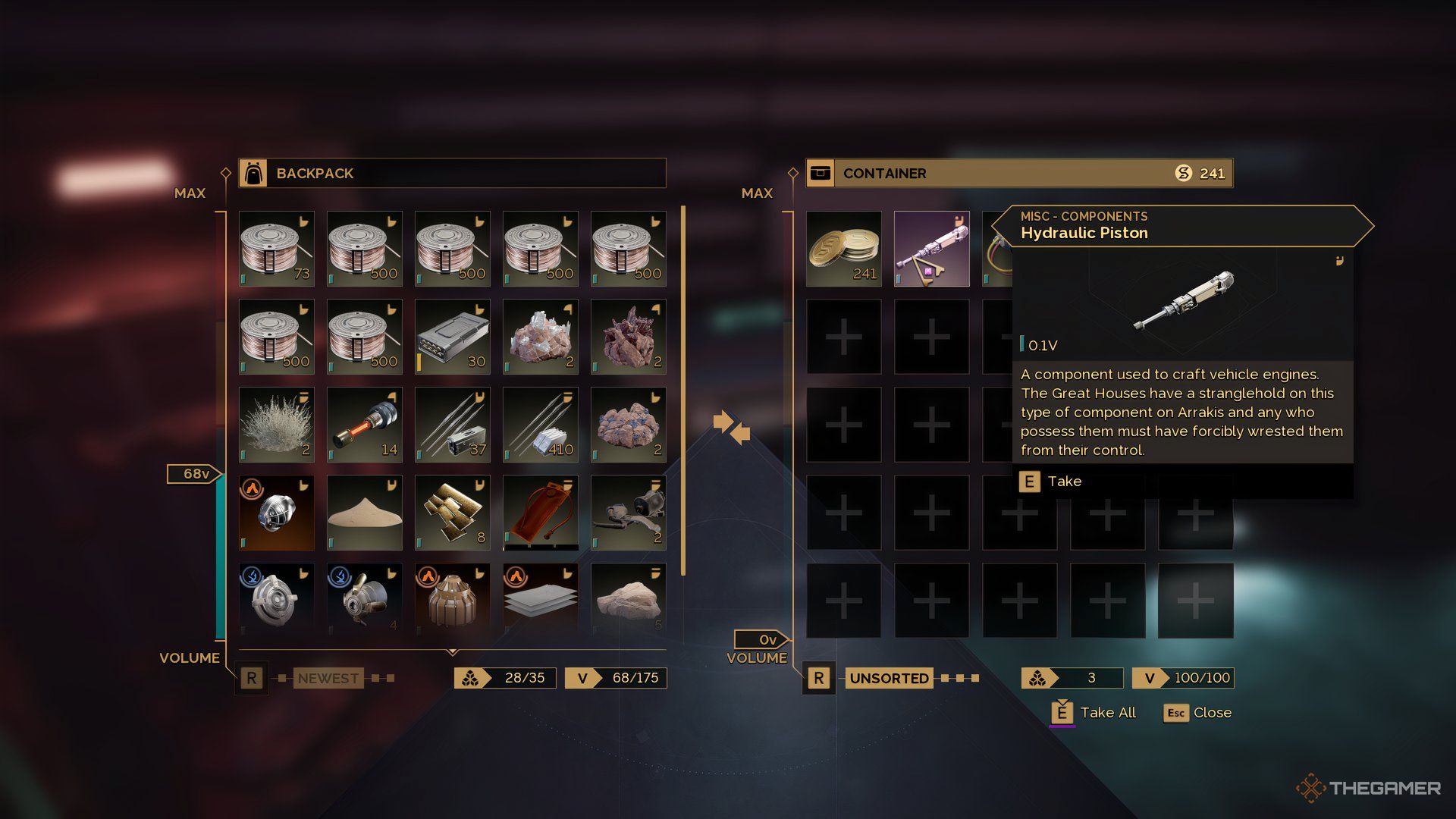 Player in the container's inventory in Dune: Awakening obtaining the Hydraulic Pistons.