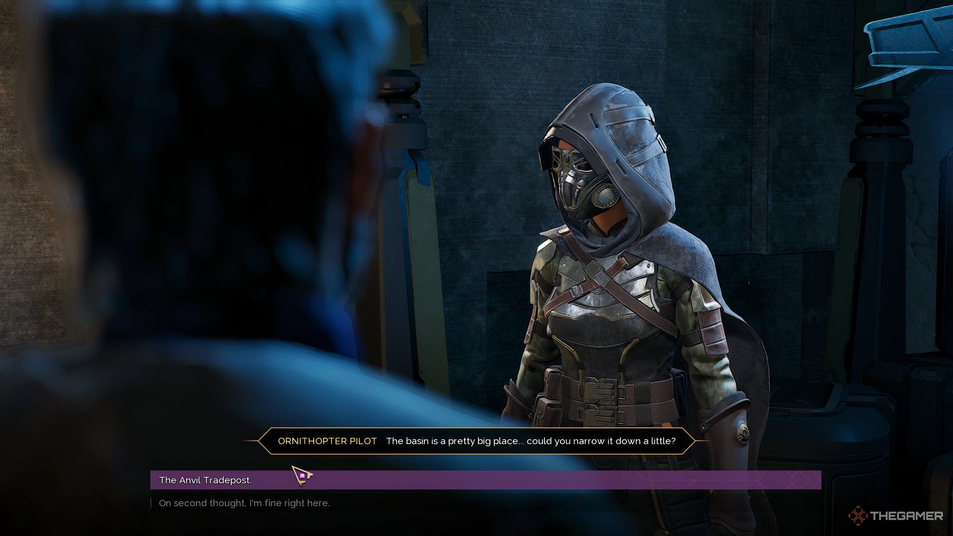Player talking with a pilot with the dialogue options at the bottom in Dune: Awakening.