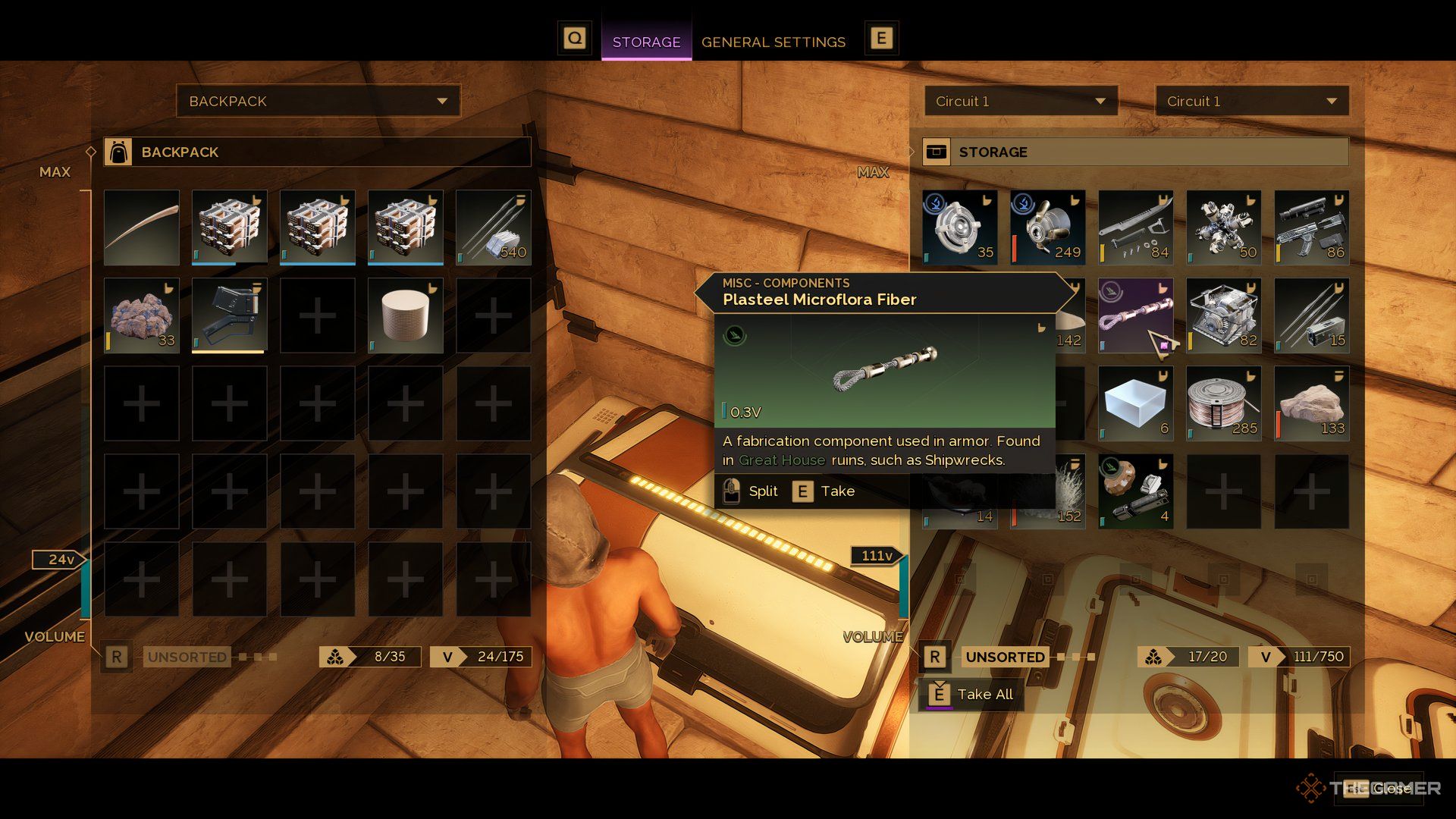 Player in this base in Dune: Awakening selecting the Plasteel Microflora Fibers in the inventory menu.