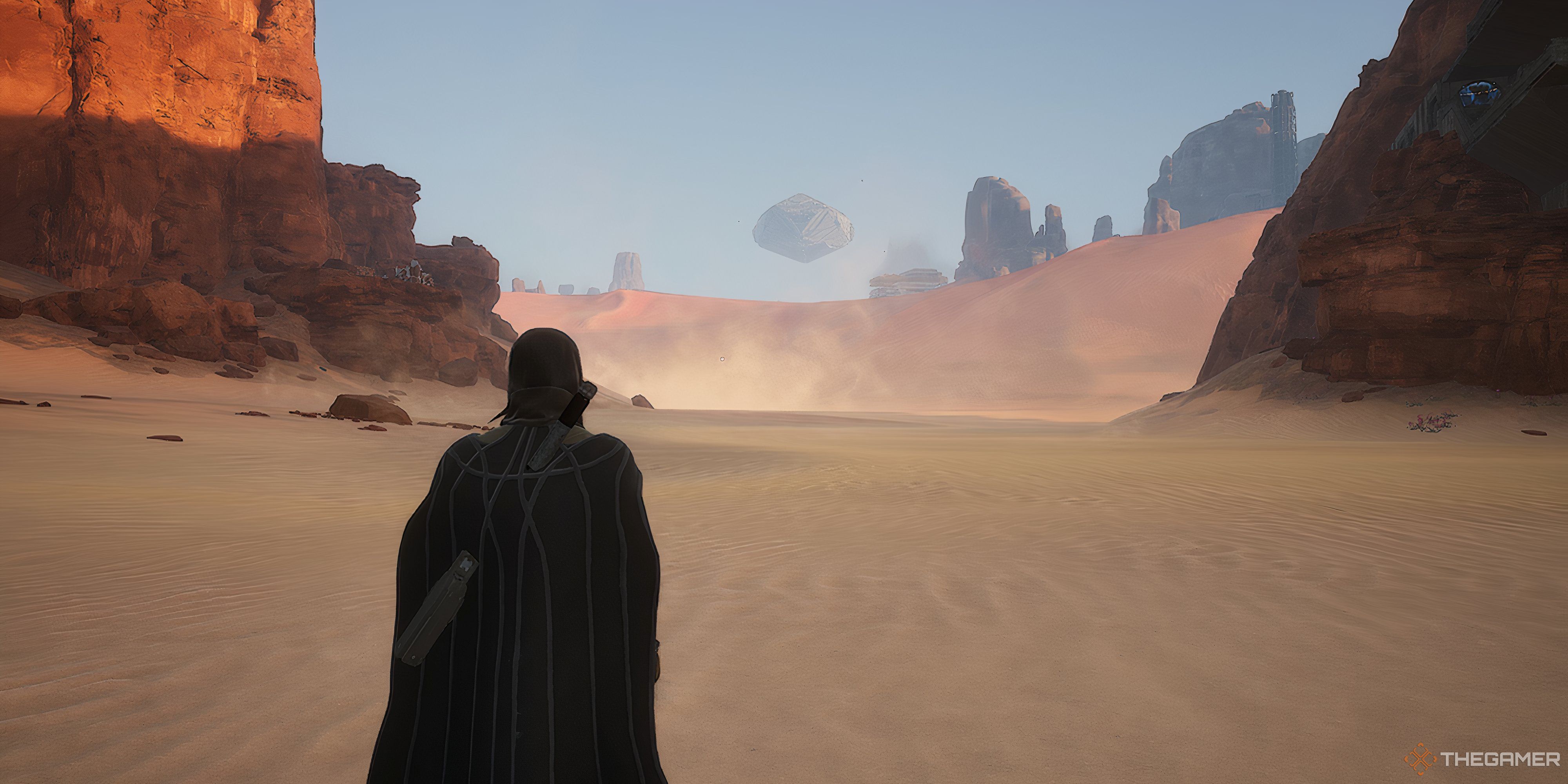 Player looking at a large oncoming ship above and is inbetween two rock clusters in Dune: Awakening. 