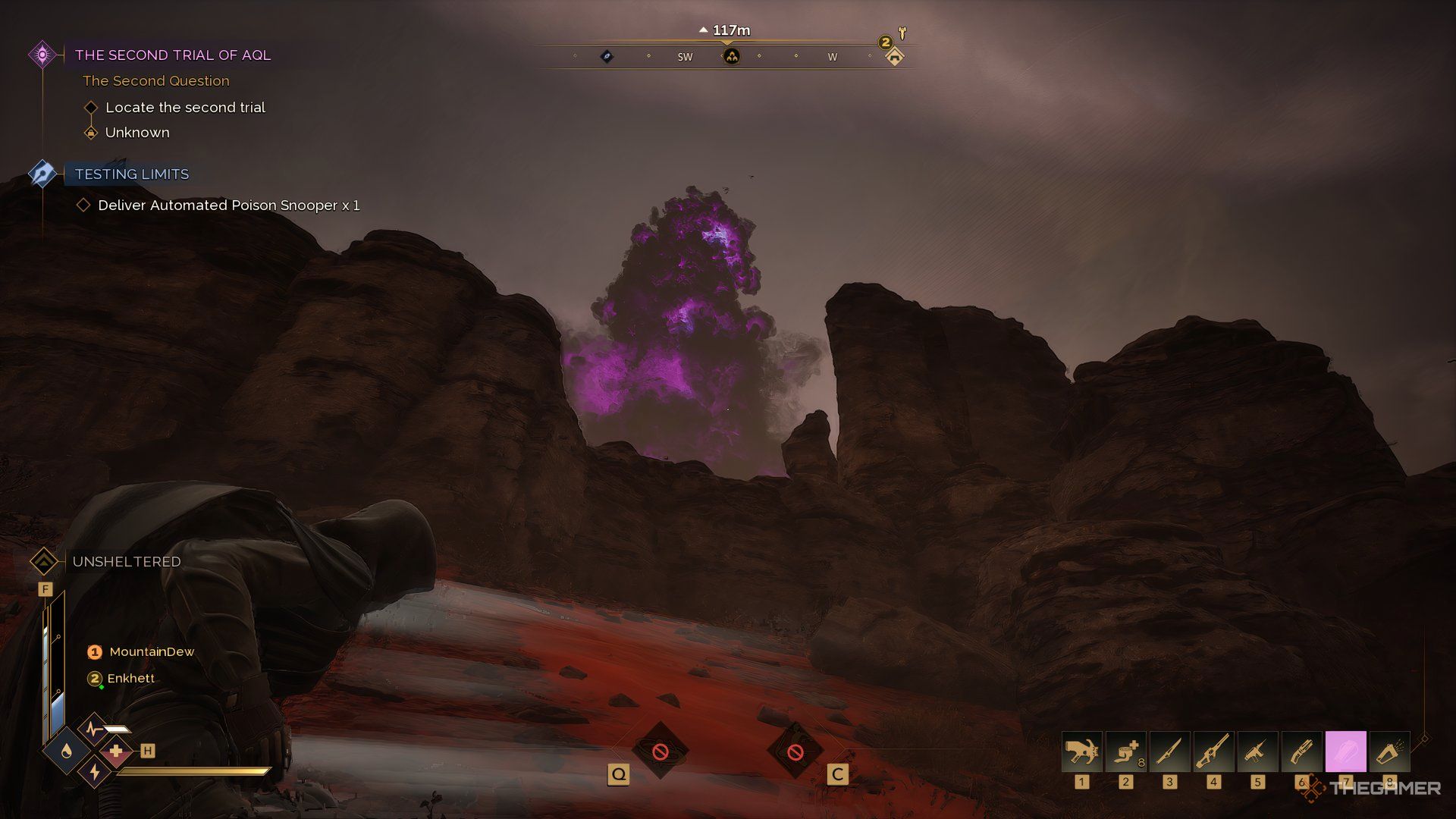 Player standing in front of purple smoke column in Dune: Awakening. 