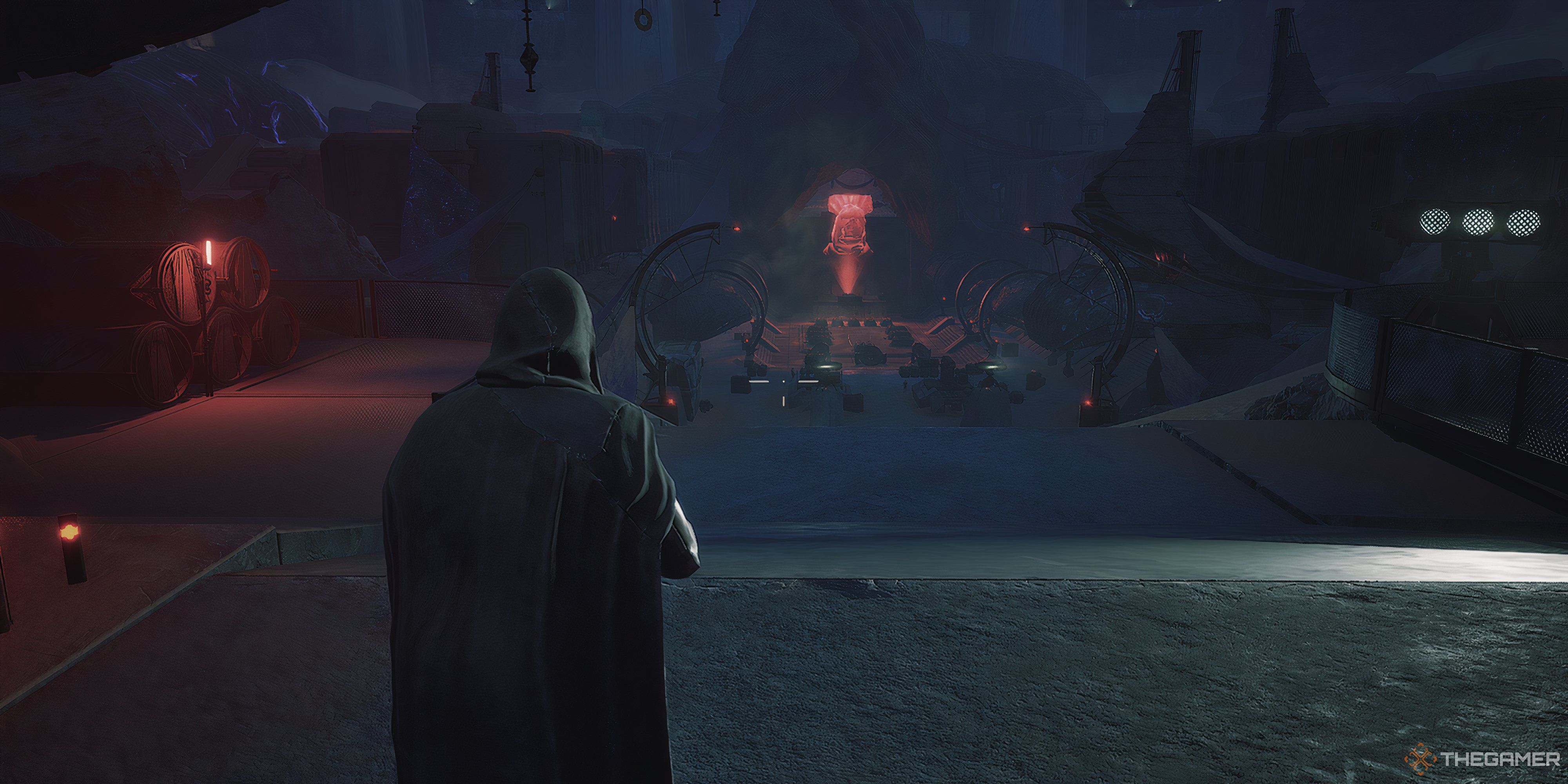 Player inside the Mysa Tarill base in Dune: Awakening looking at the head that is projecting in the distance. 