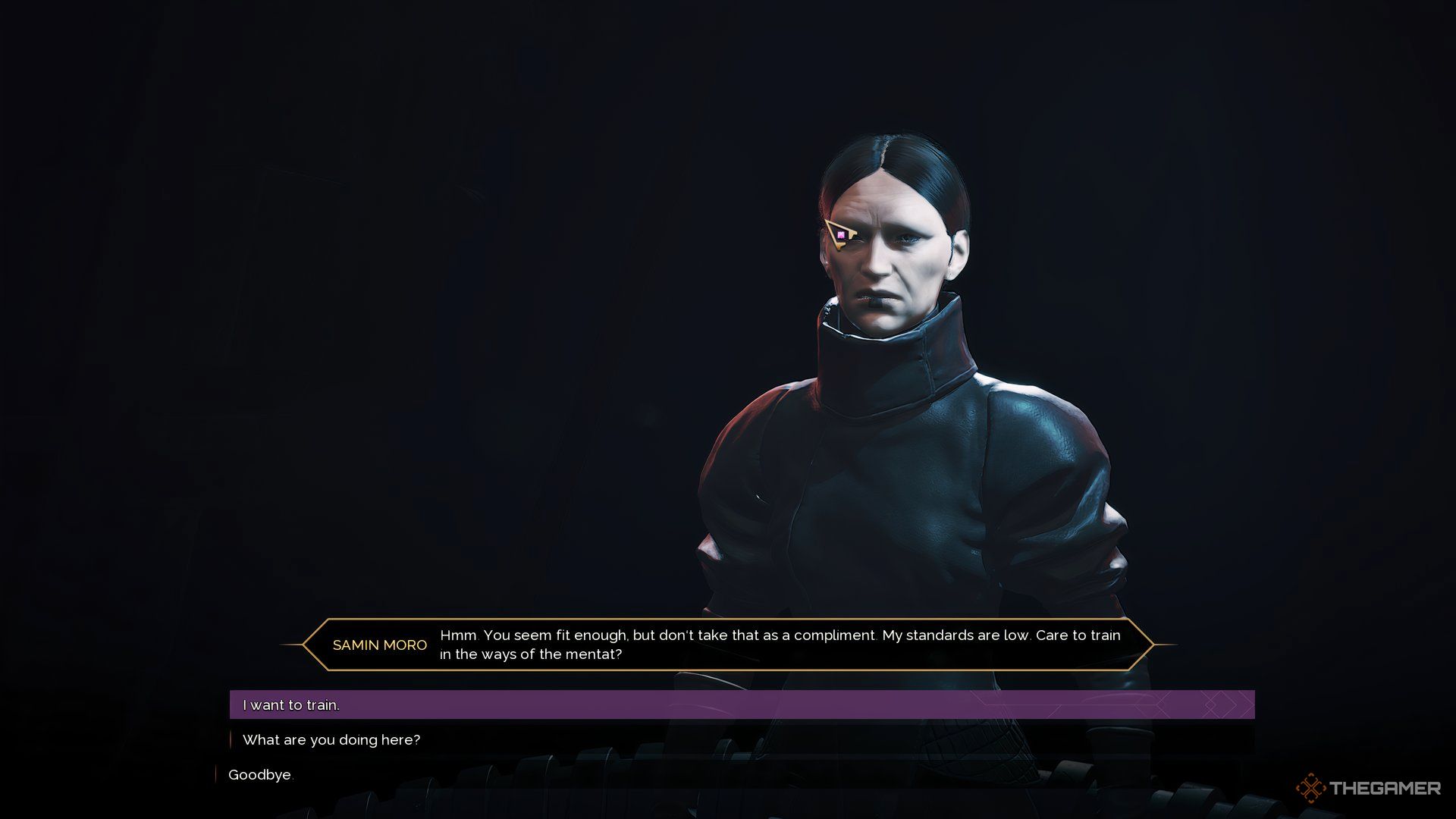 Player taking to Samin Moro in the interaction screen on Dune: Awakening