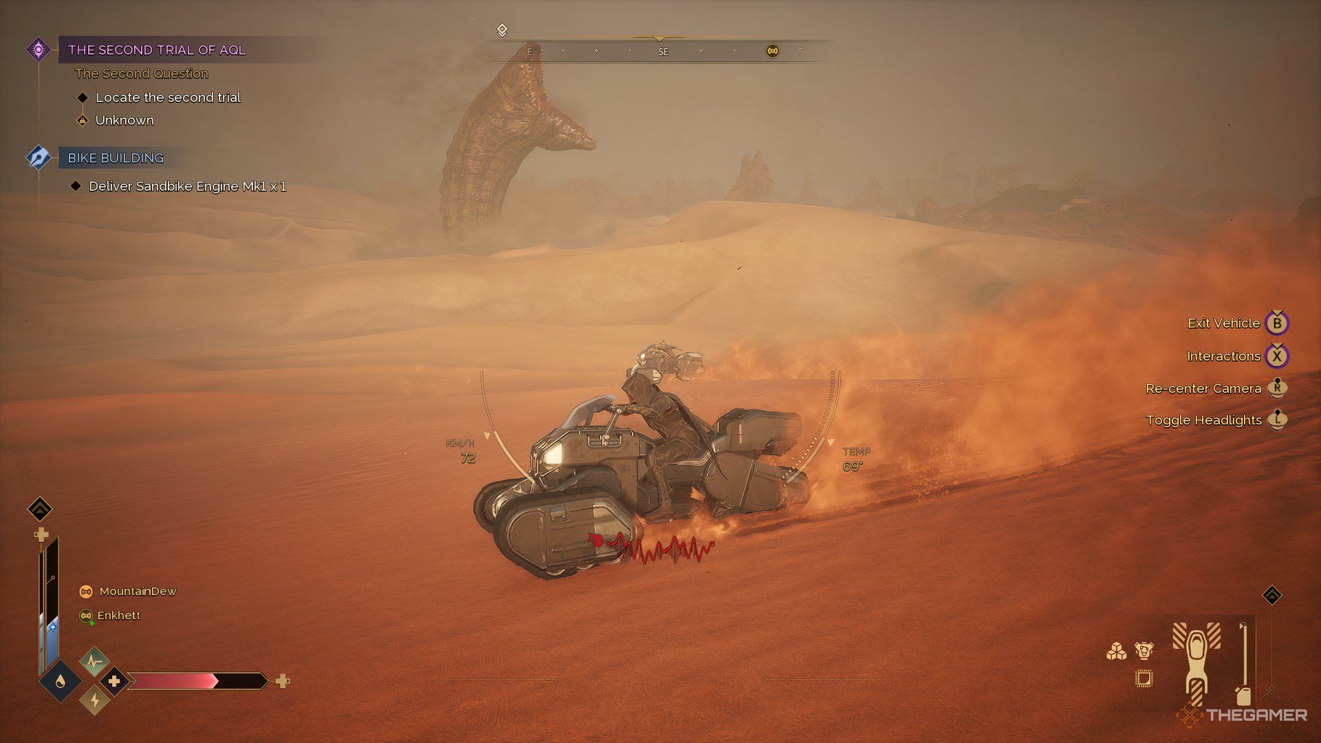Two players in Dune: Awakening on their sandbikes riding away from the sandworm who is off in the distance. 