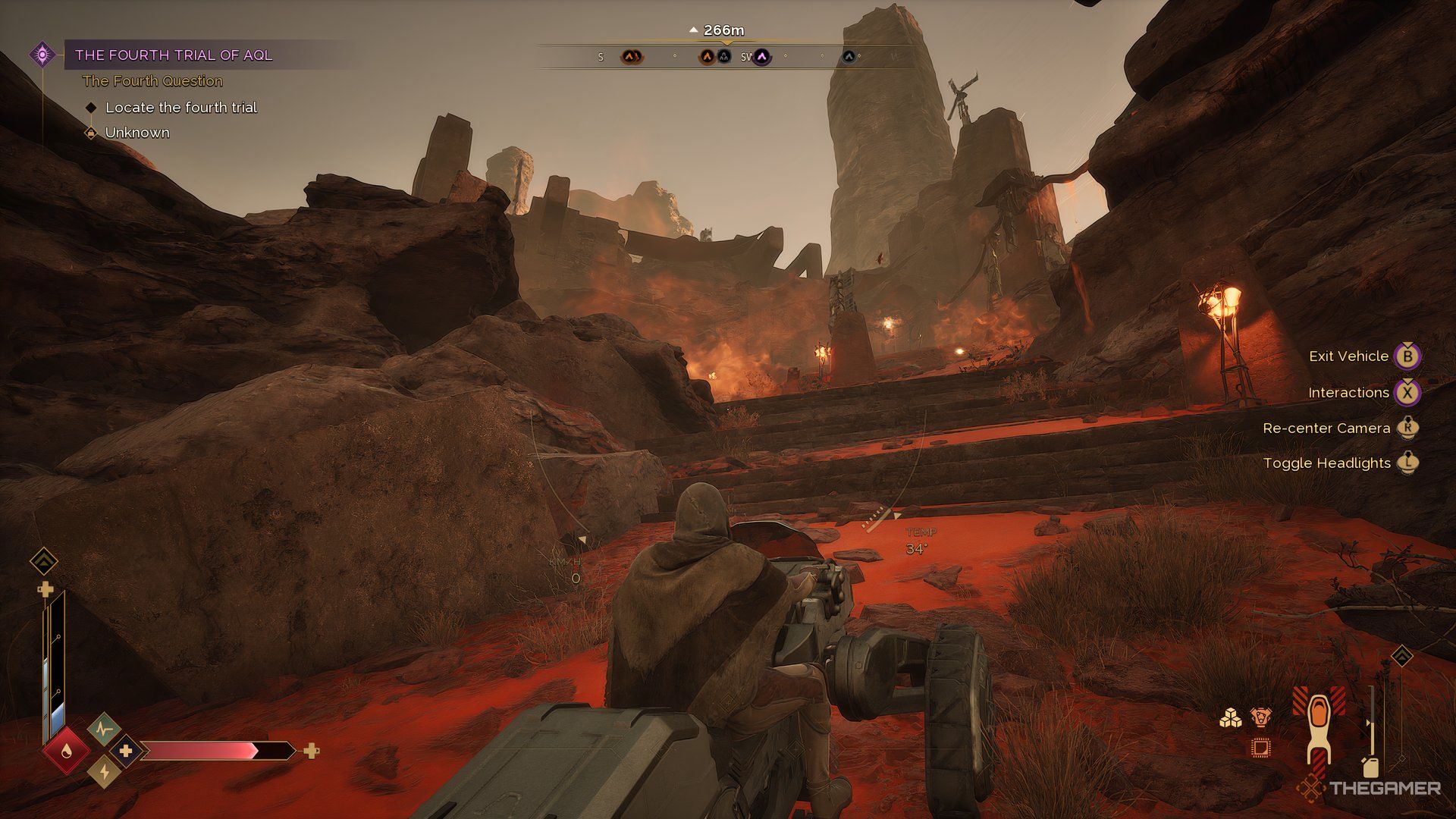Player on a Sandbike looking at steps leading the Third Trial of Aql in Dune: Awakening.