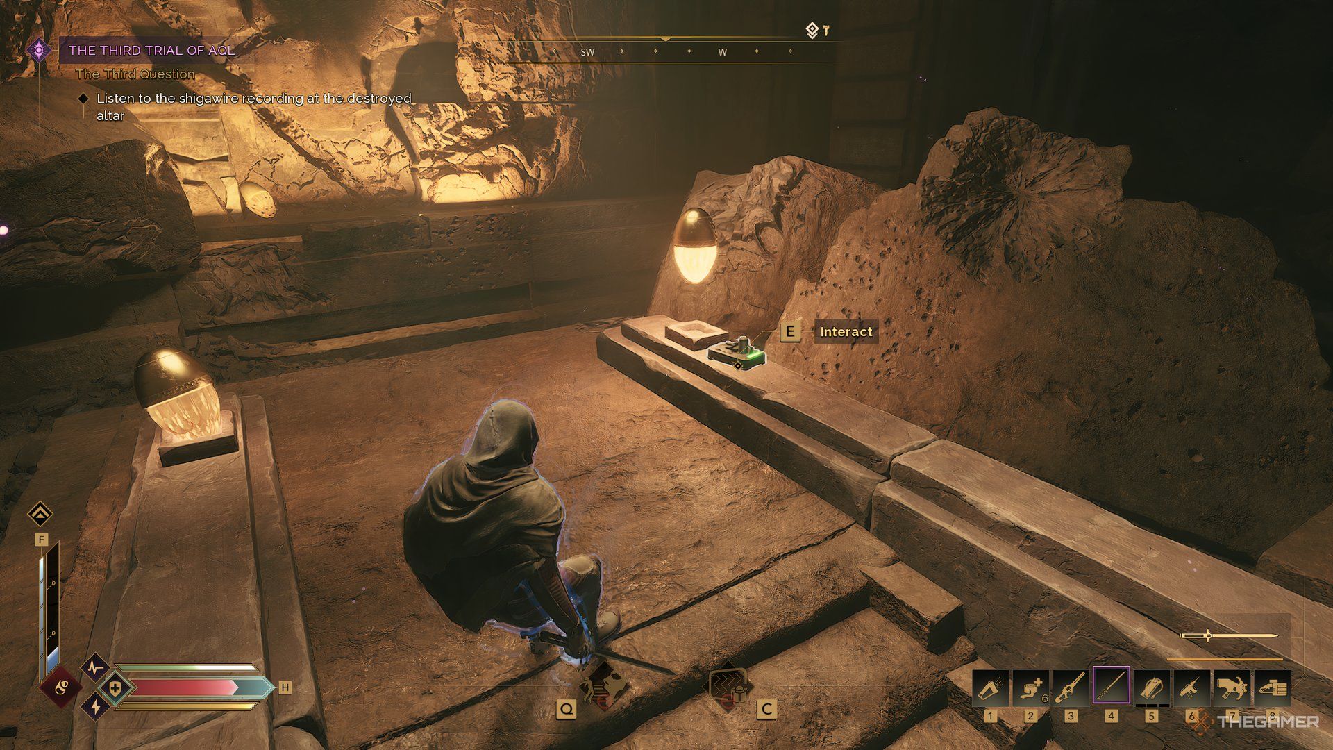 Character looking at a Shigawire Recording device in Dune: Awakening. There is a light floating right beside it. 