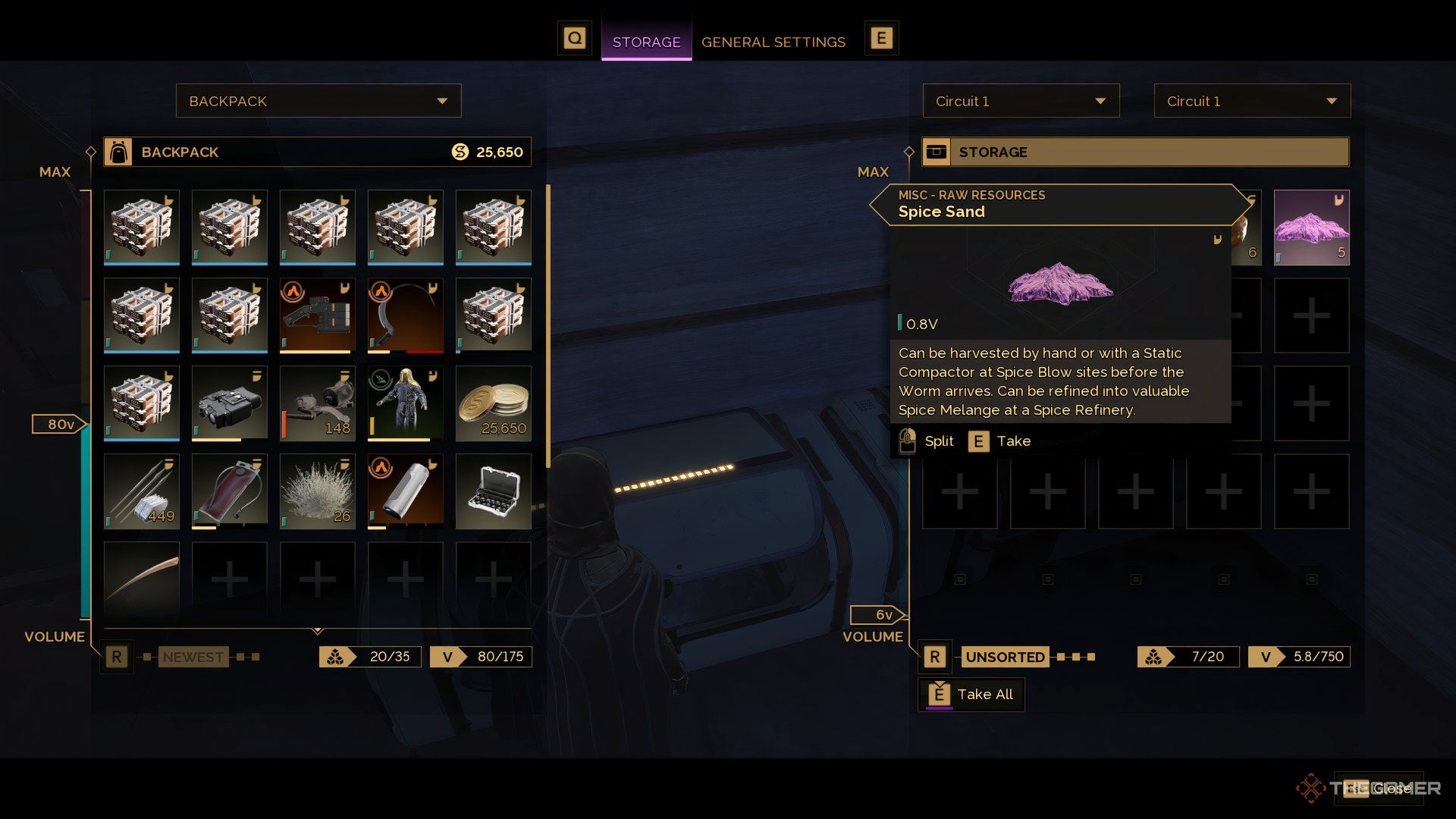 At the storage inventory at the players base with Spice Sand selected in Dune: Awakening.