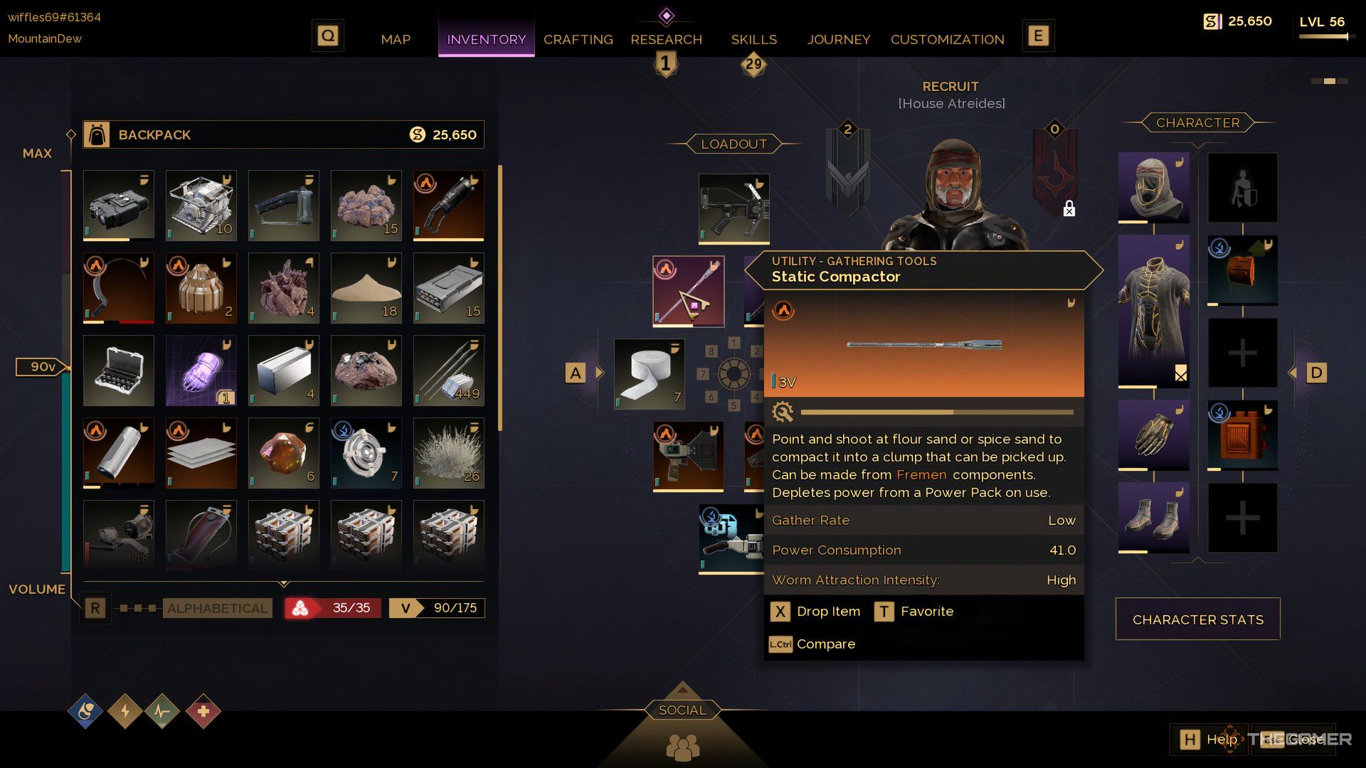 At the players inventory menu in Dune: Awakening with the Static Compactor selected. 