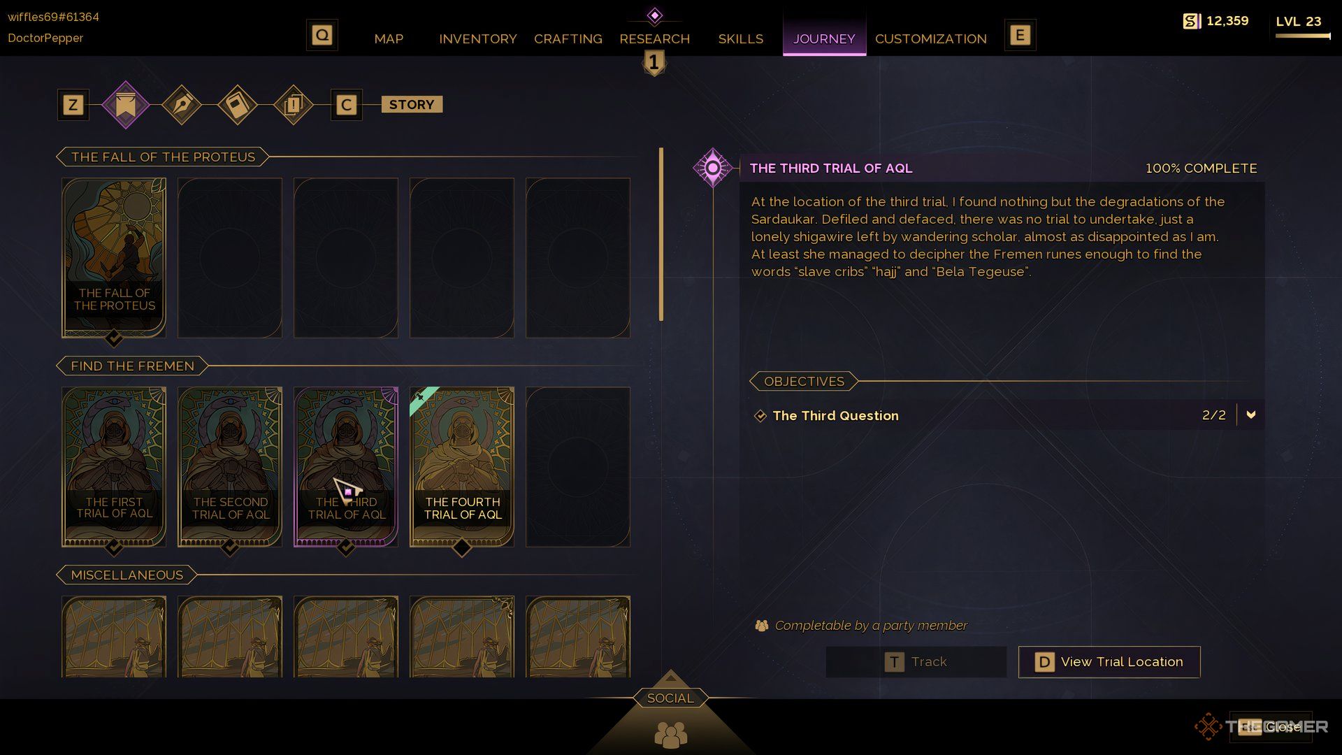 At the Journey menu of Dune: Awakening with The Third Trial of Aql selected.