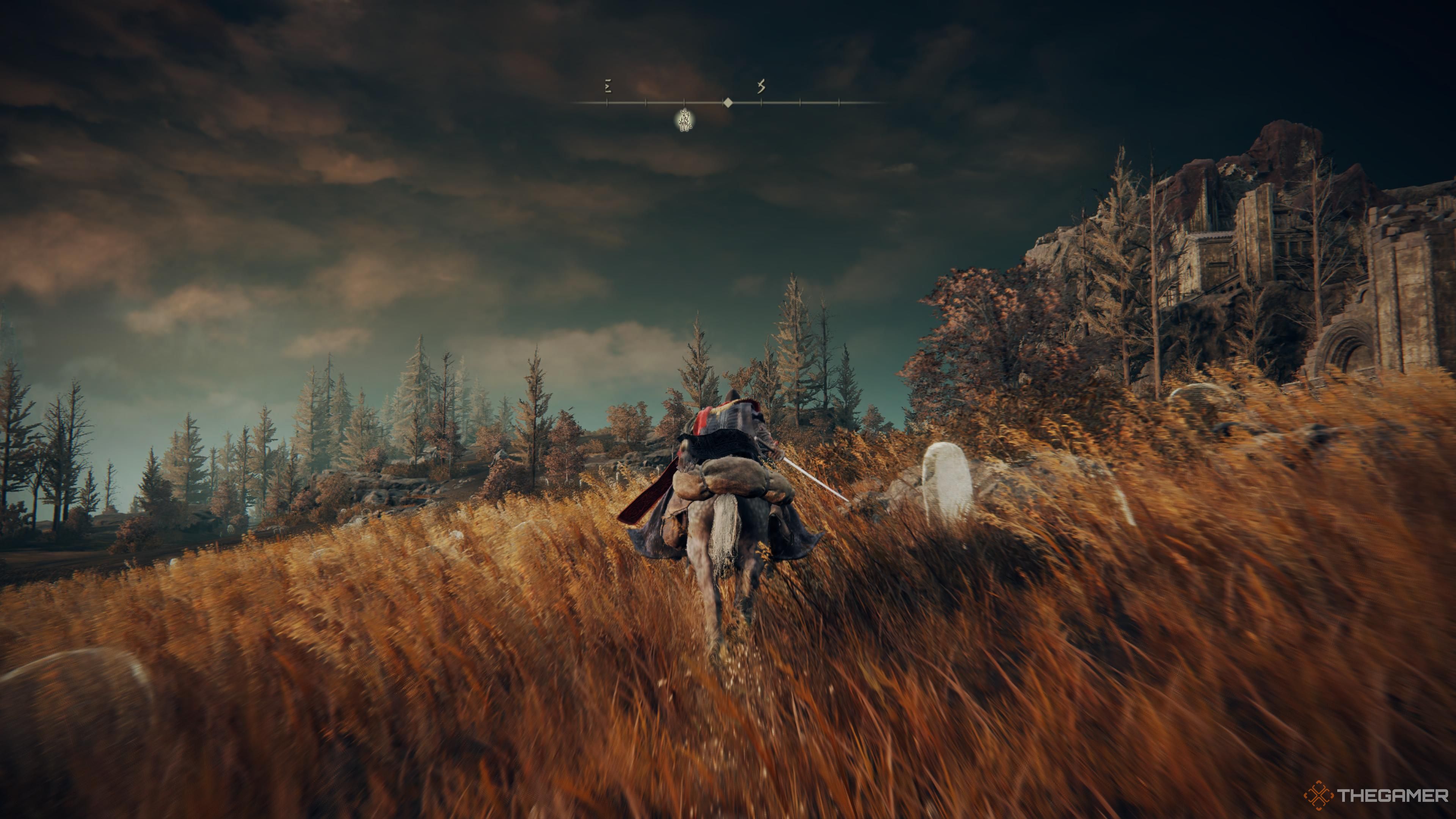 The player running through a field in elden ring on horseback.