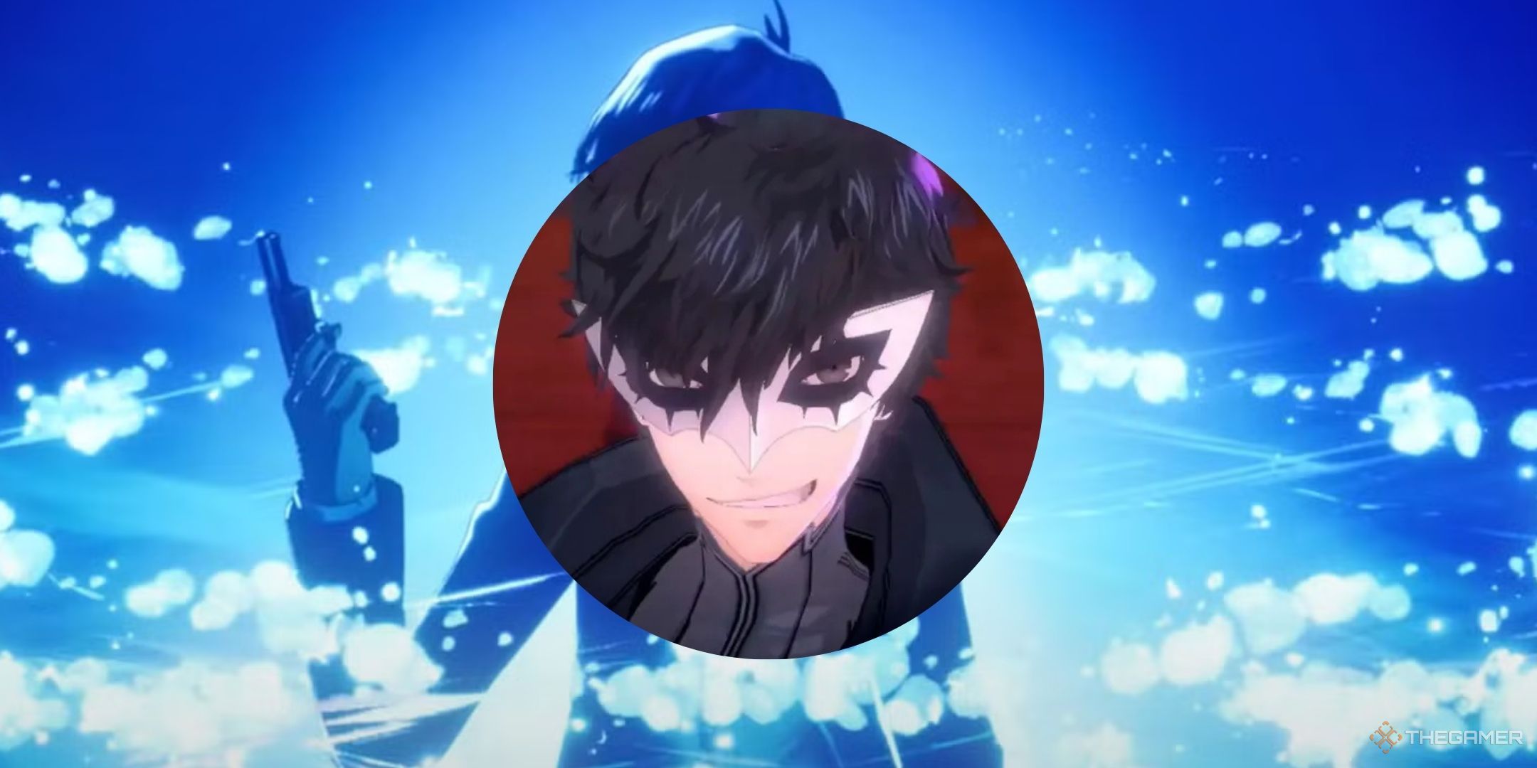 Joker from Persona 5 is grinning and Makoto Yuki from Persona 3 is holding a gun in the backgroun image.