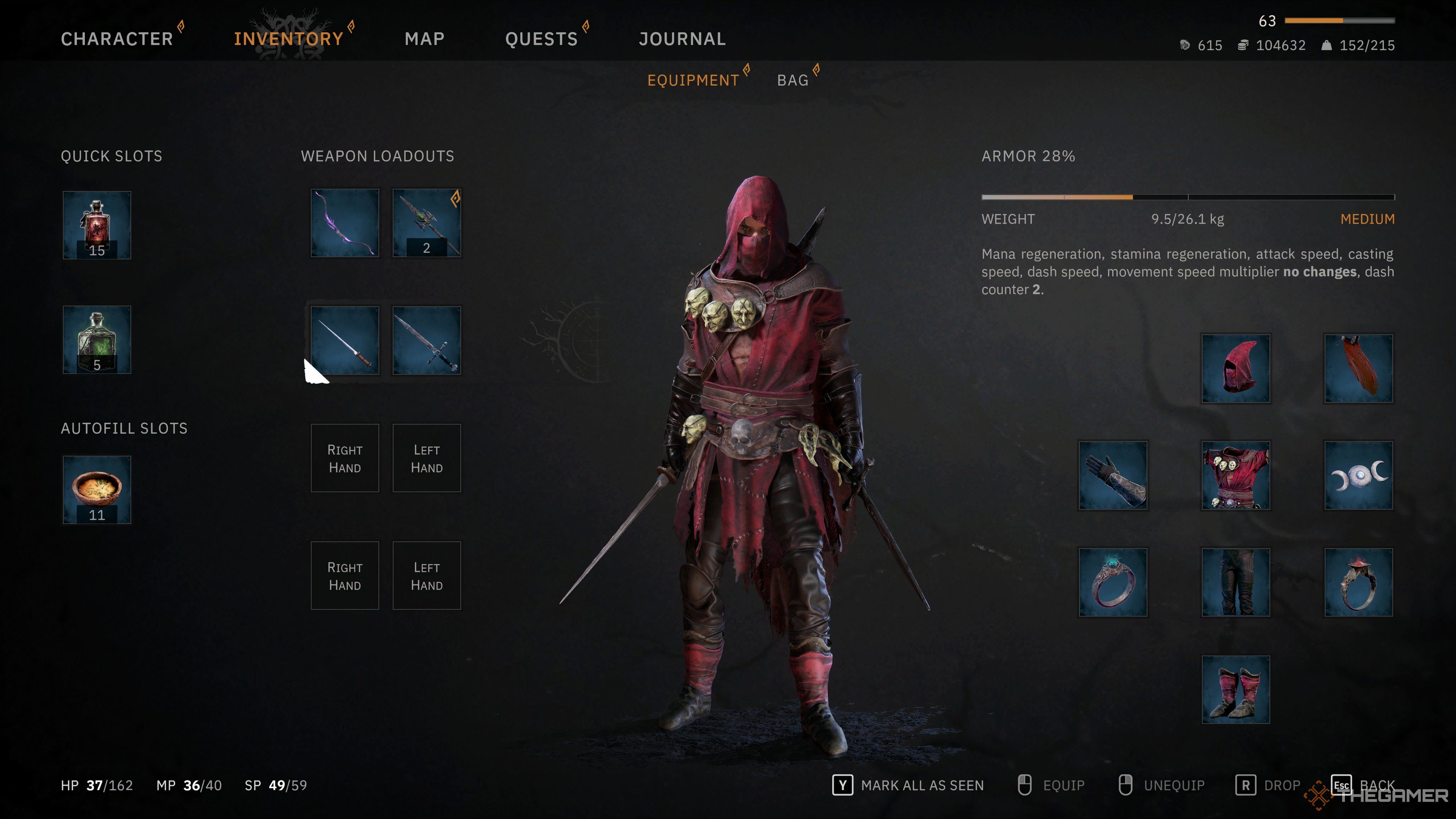 Equipment Page in Tainted Grail Fall of Avalon.