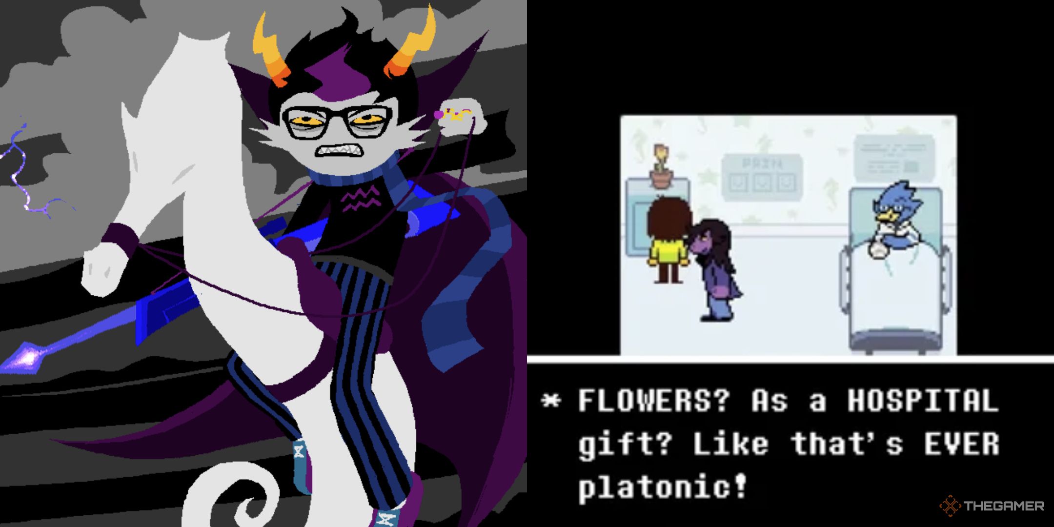 Eridan riding a seahorse and berdly in a scene about giving a friend hospital flowers. 