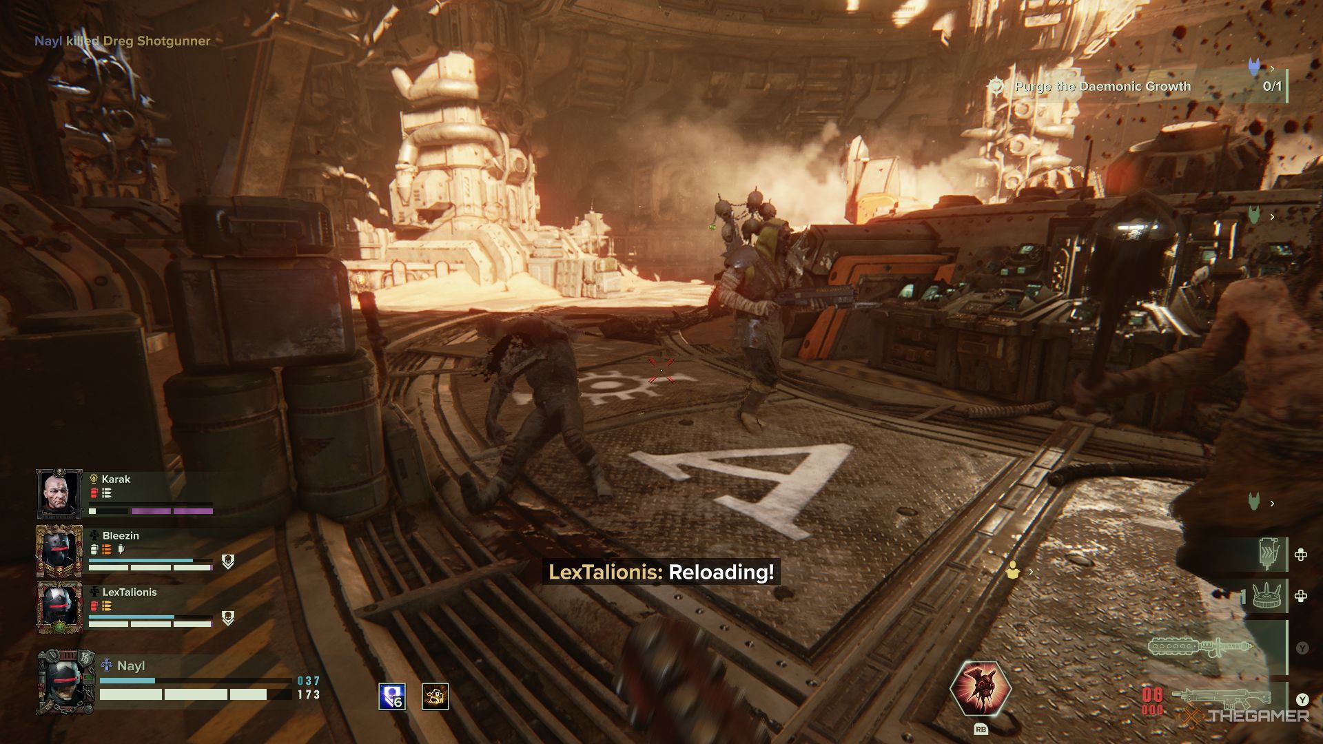 A gunner and infected of nurgle fighting an arbiter in Warhammer 40,000: Darktide.