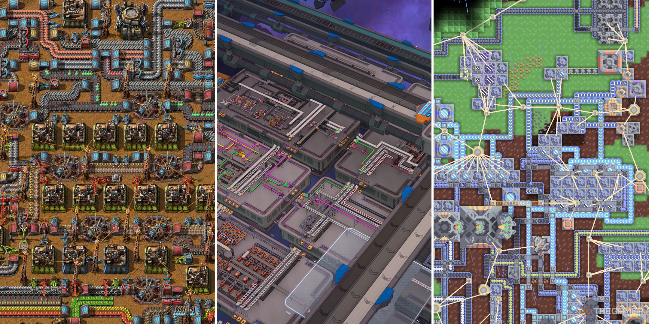 A split image of factories in Factorio, Shapez 2, and Mindustry.