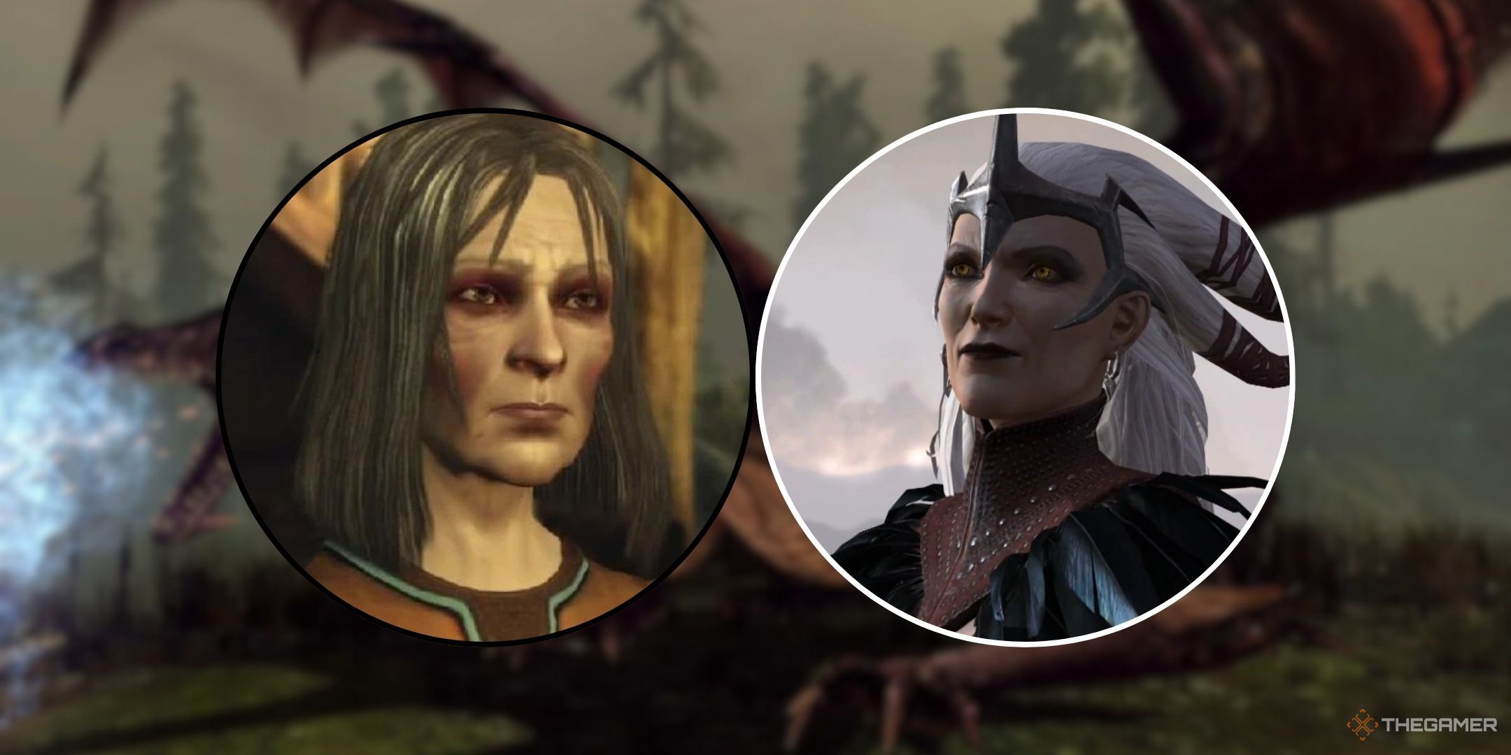 Featured image containing images of Dragon Age Origins' Flemeth with Dragon Age 2's Flemeth.