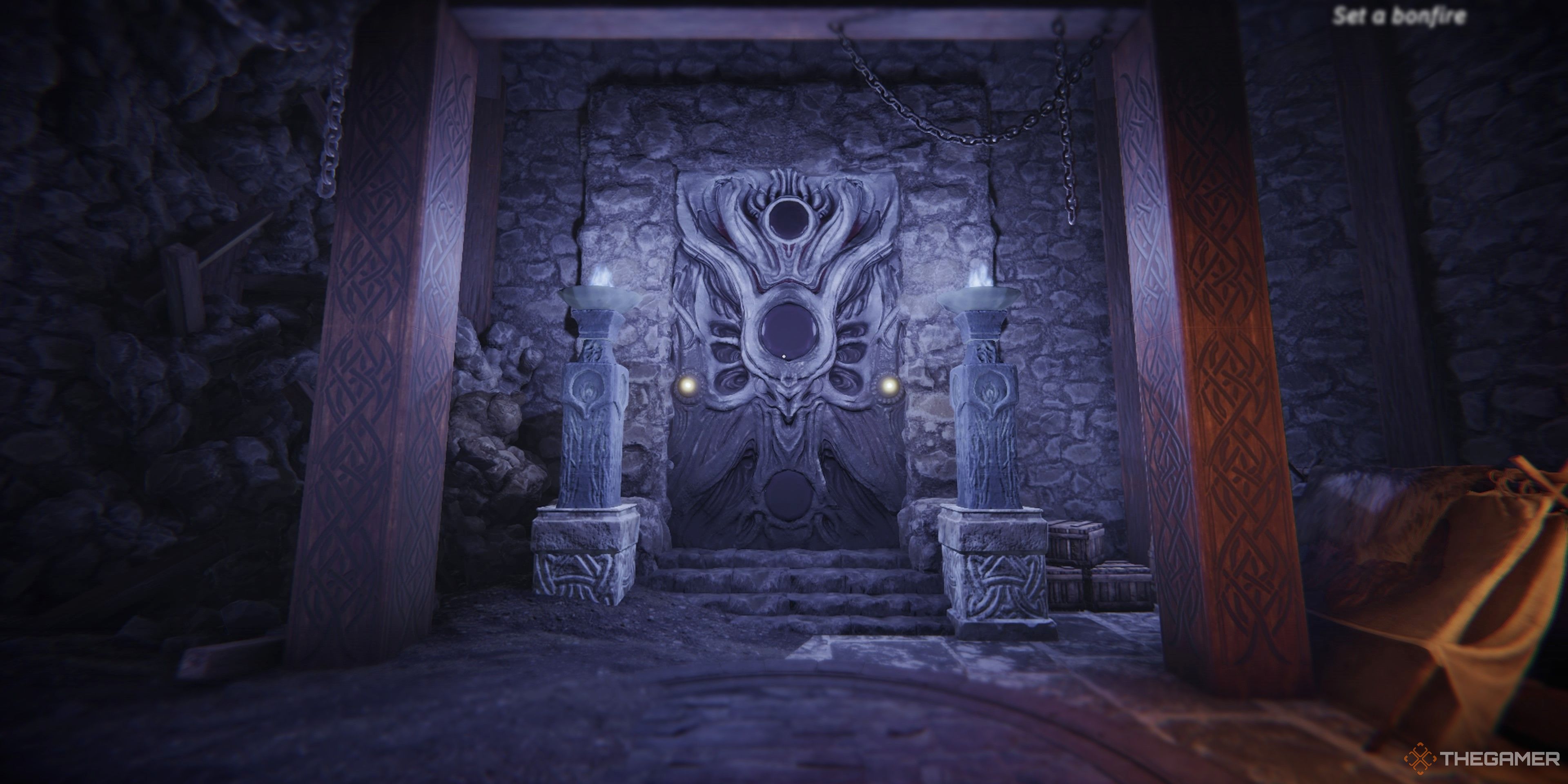 Close up view of the entrance to the doorway to the Mathair Temple at the Volker Tribe Village in Tainted Grail: The Fall Of Avalon.