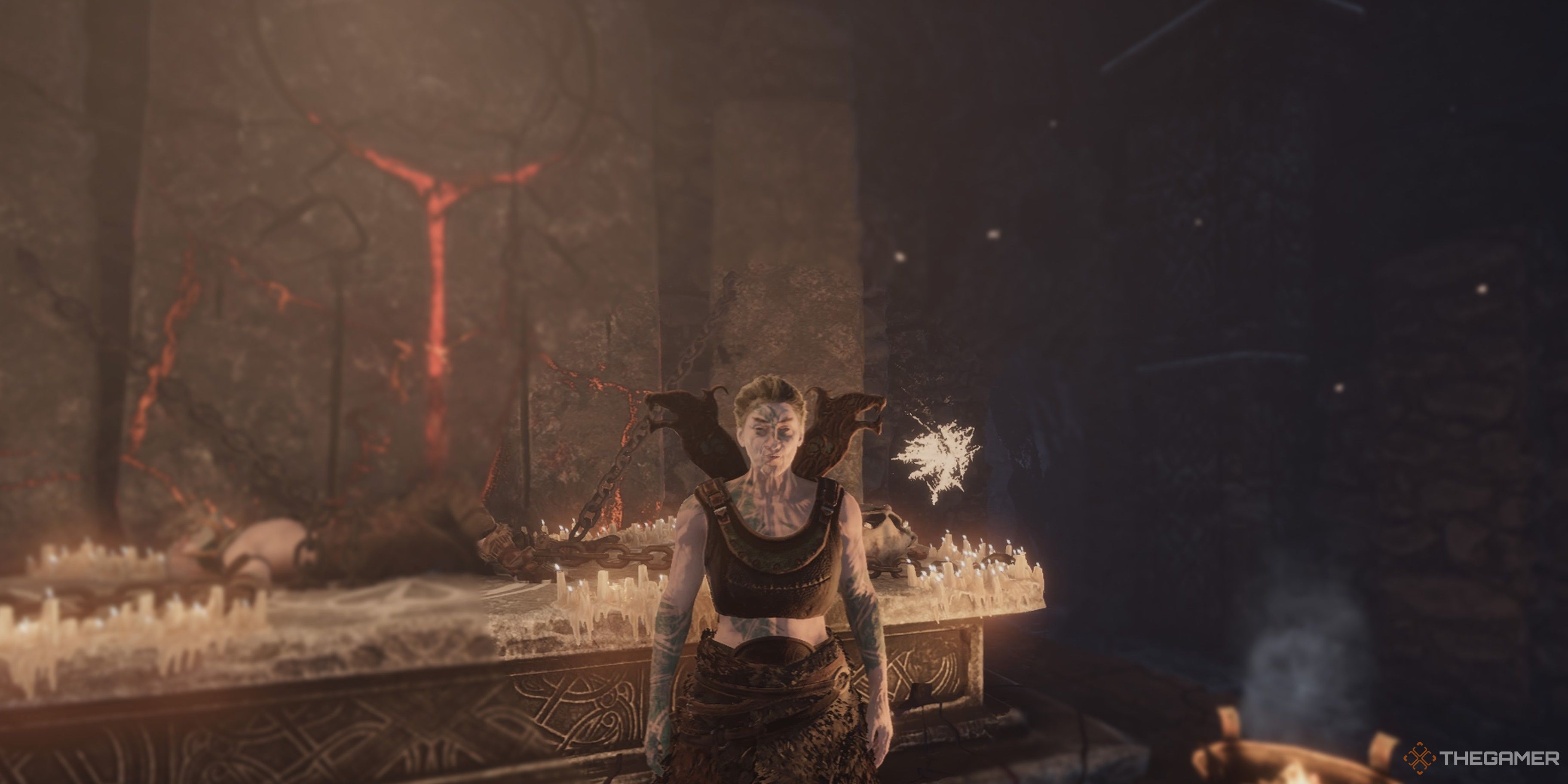 Close up view of Glyrna of the Sveinn tribe standing next to an altar with a man laying on it in Tainted Grail: The Fall Of Avalon.