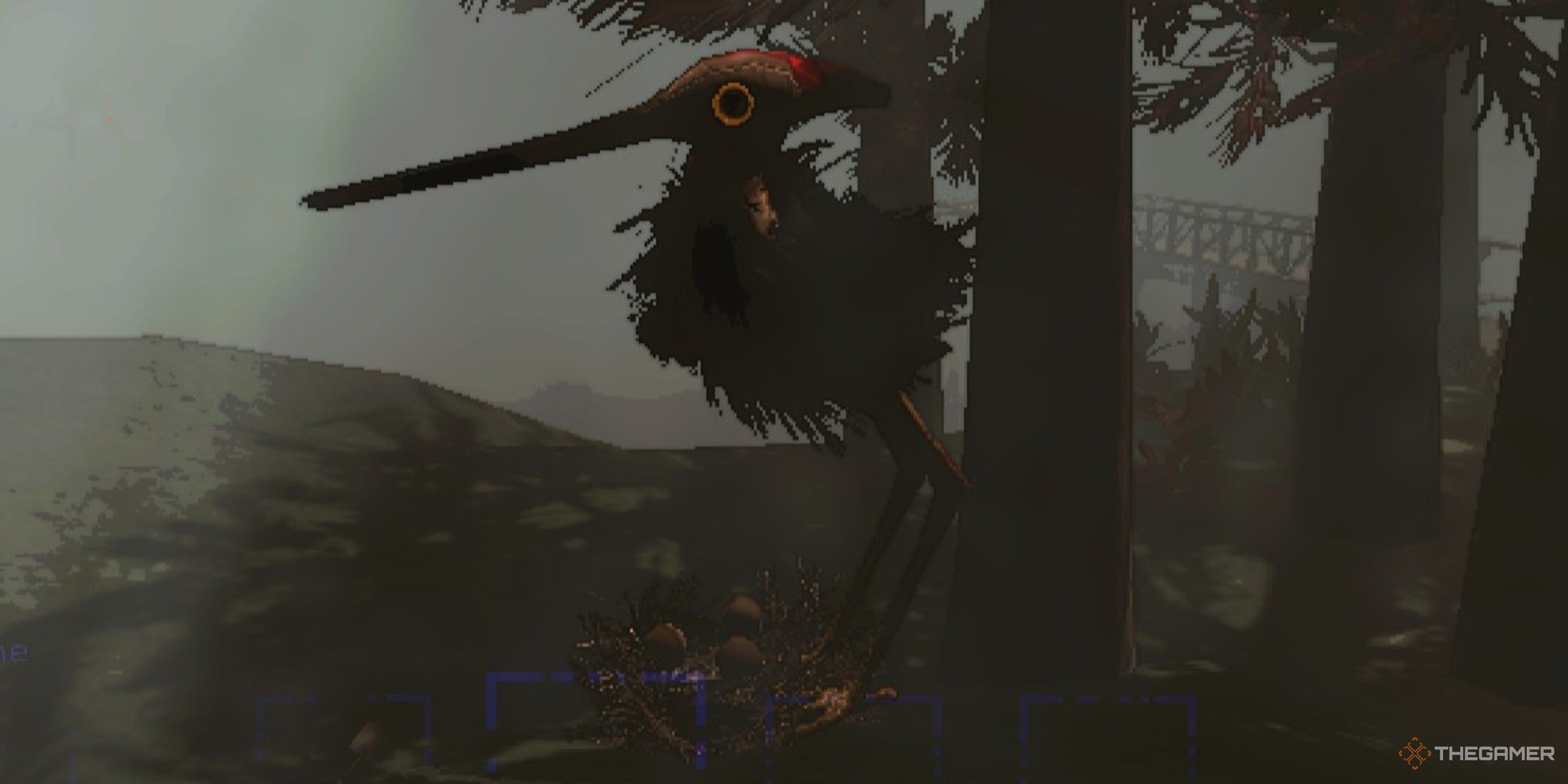 Close up view of a Giant Sapsucker, a large two-legged flightless bird resembling a woodpecker, standing on a nest in a forest in Lethal Company.