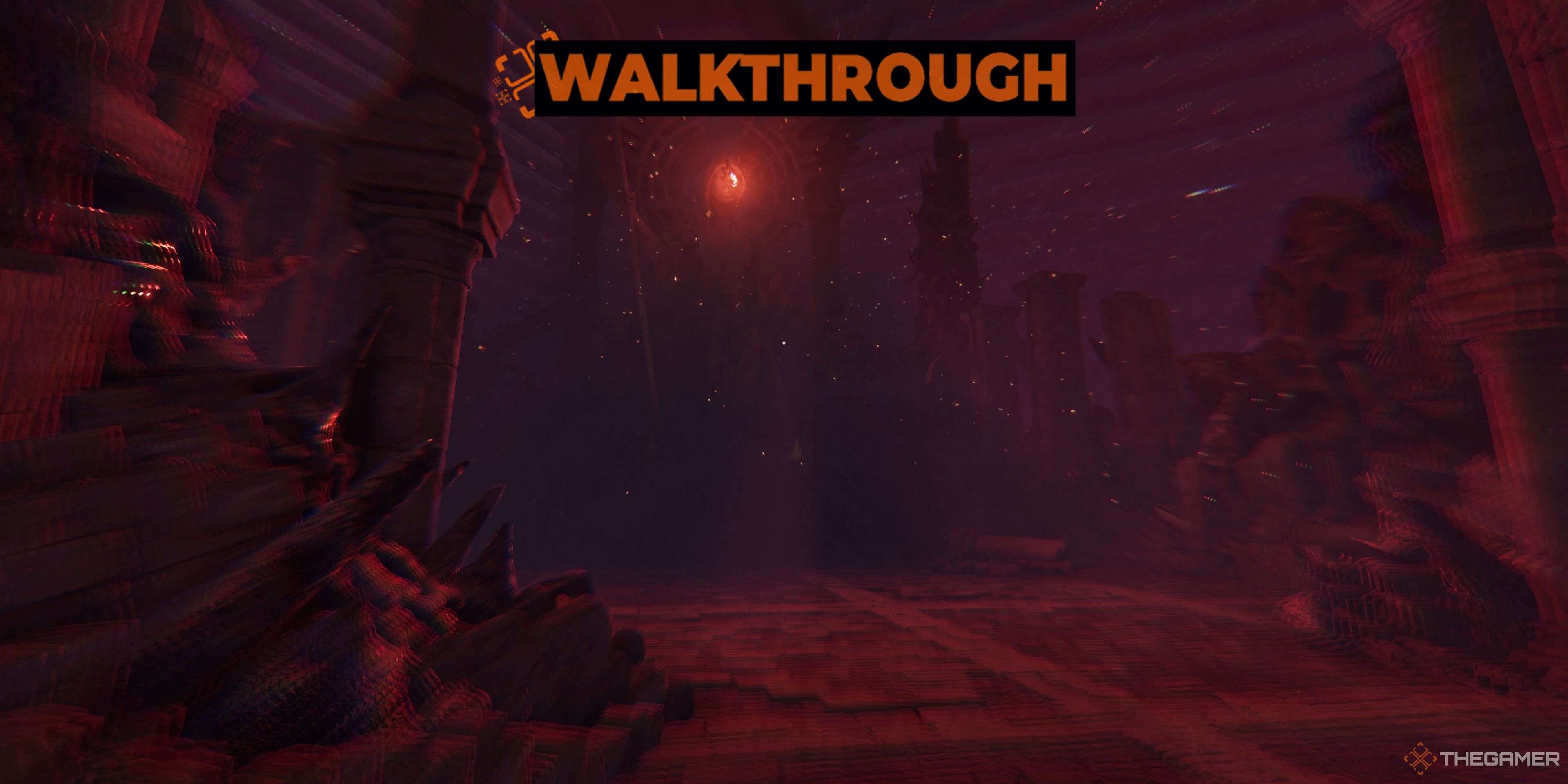 View of a dark red realm with lots of debris and a large altar with a statue with a glowing red gem on it in Tainted Grail: The Fall Of Avalon.