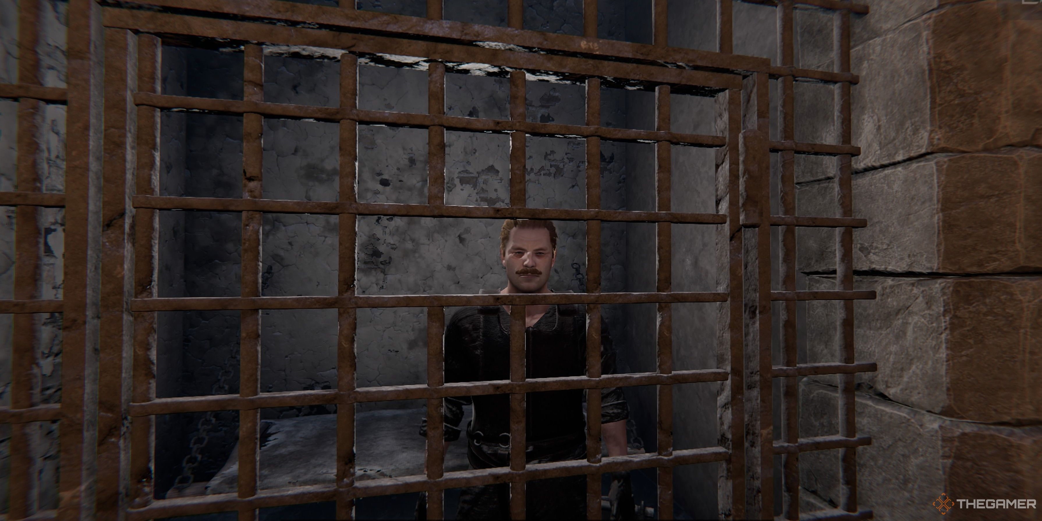 Close up view of Berach locked in a prison cell in a building in Cuanacht in Tainted Grail: The Fall Of Avalon.