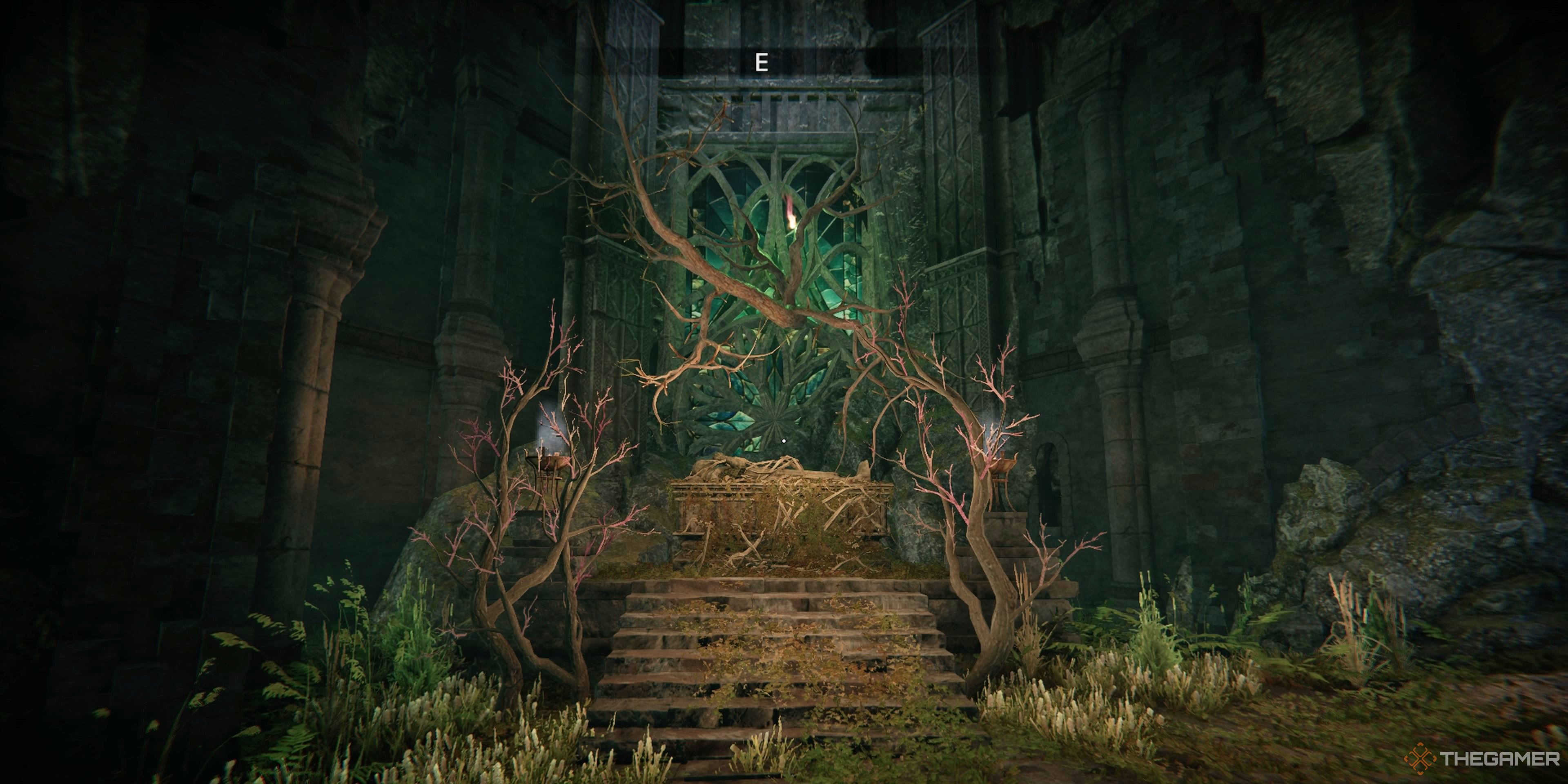 View of Sir Gawain's crypt, which has grass and large branches growing around it, and a green stained glass window behind it in Tainted Grail: The Fall Of Avalon.