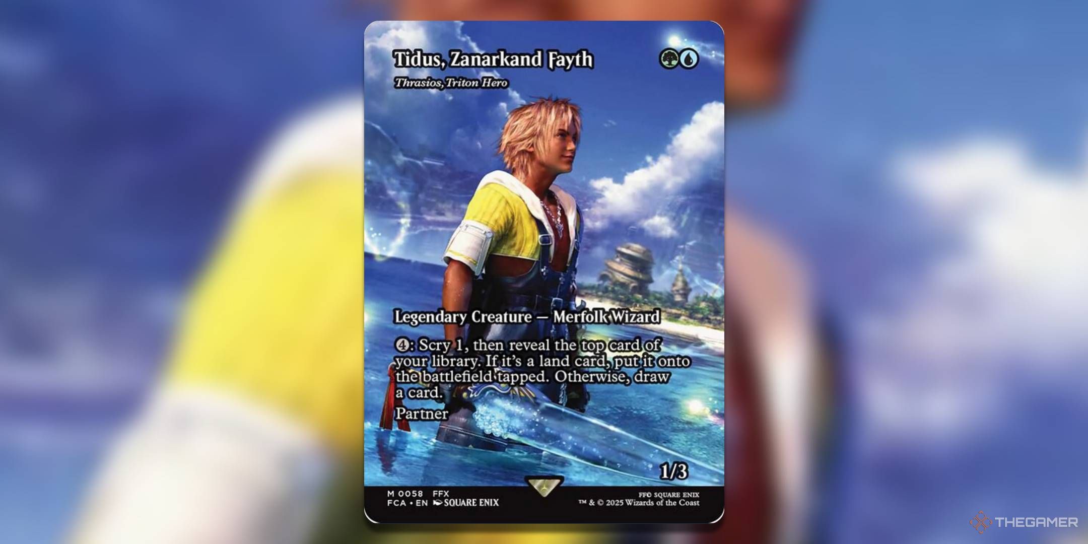 Final Fantasy MTG Cards Tidas, Zanarekand Fayth in the sea with his sword in hand.