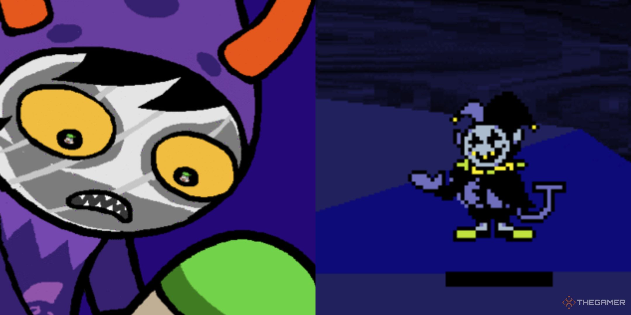 A split image of Gamzee and Jevil close up. 
