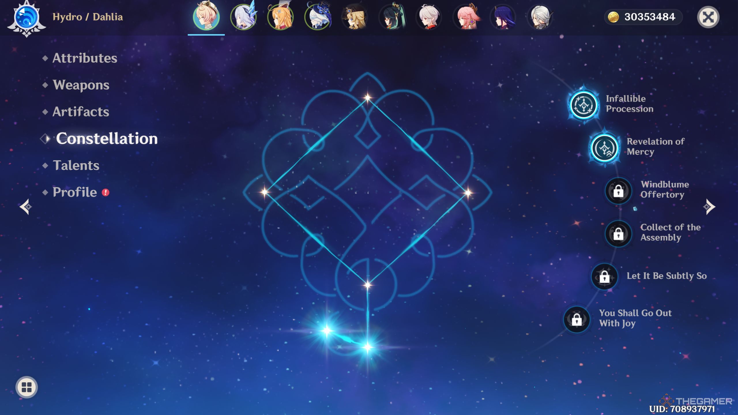 Genshin Impact Dahlia constellation screen.