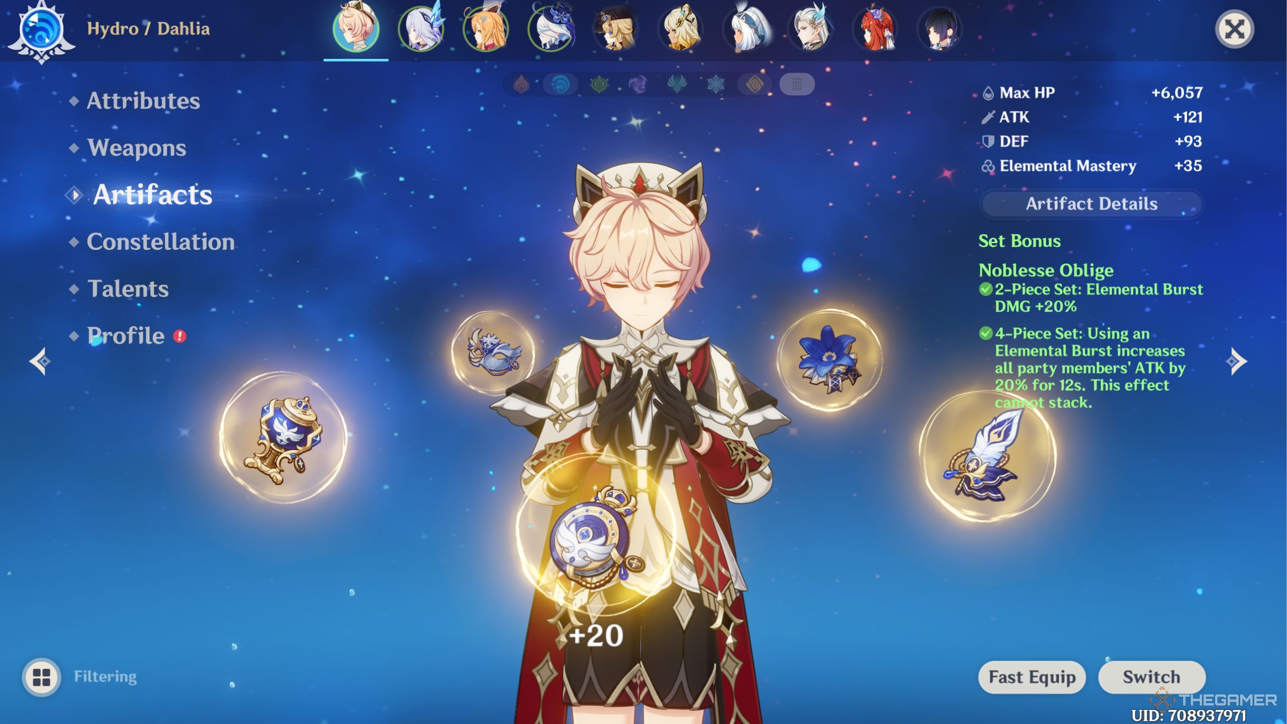 Genshin Impact Dahlia with his best artifact set noblesse oblige equipped.