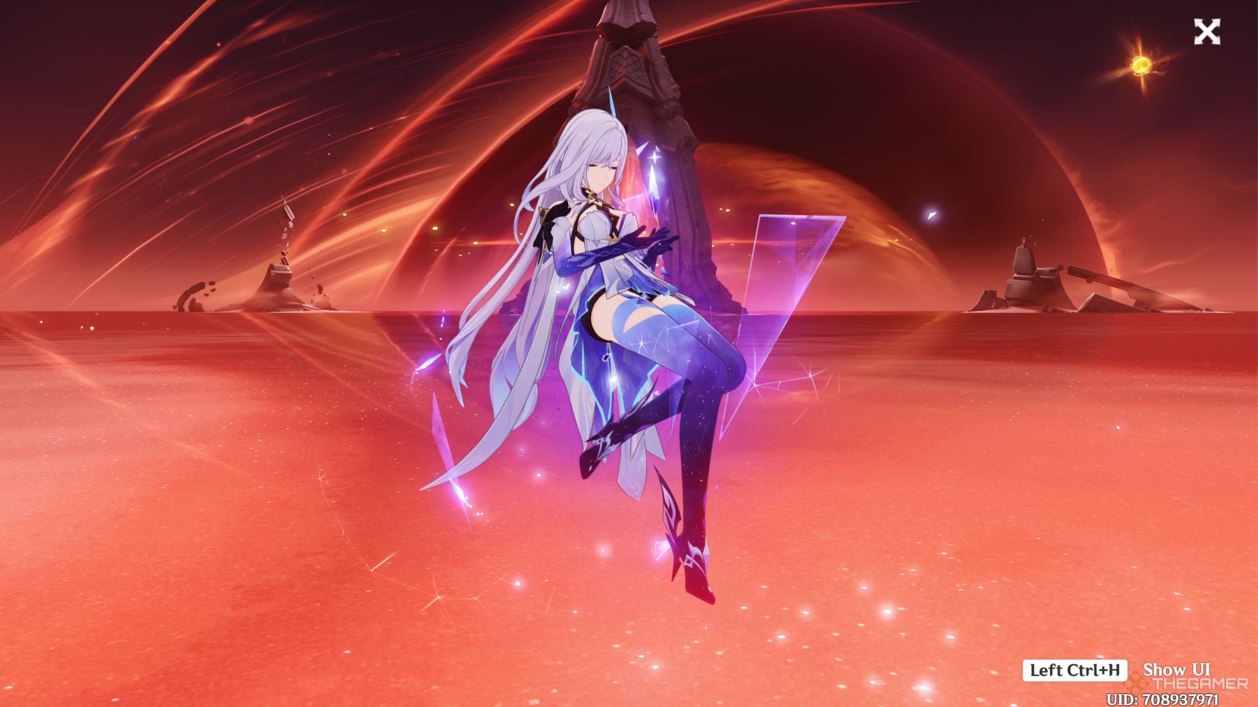 Genshin Impact Skirk doing her second idle animation in a red area.