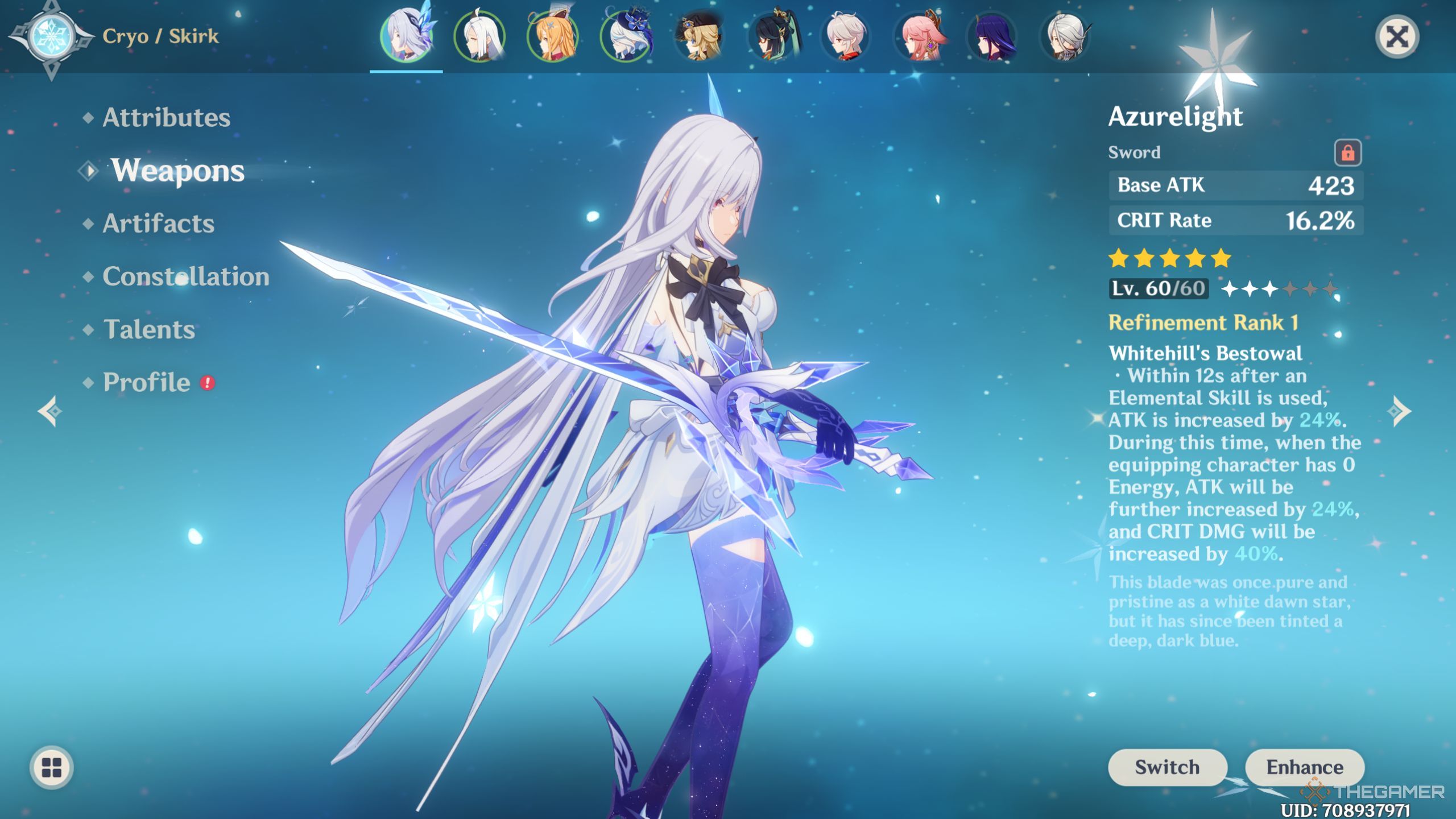 Genshin Impact Skirk weapon screen.