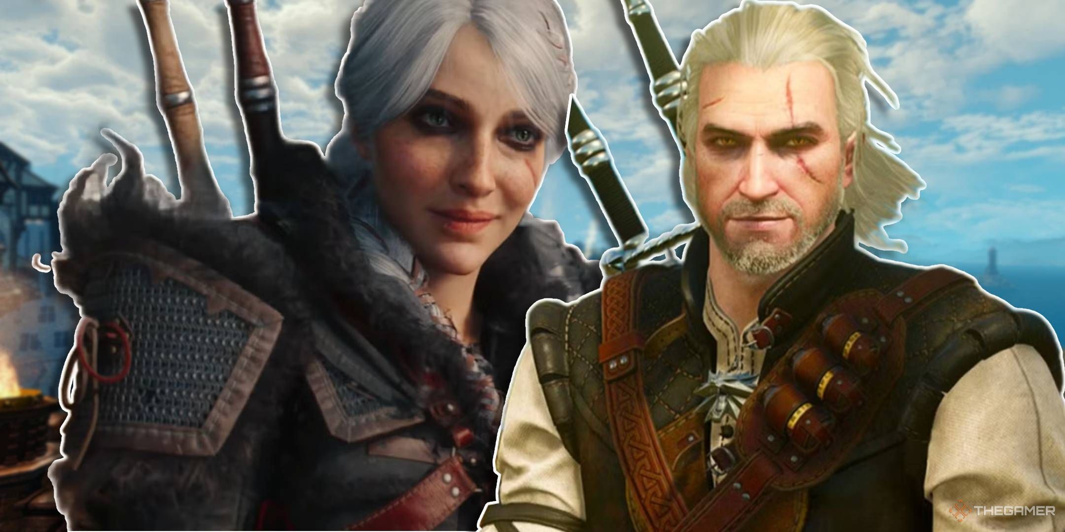 Geralt and Ciri from the Witcher with Novigrad behind them
