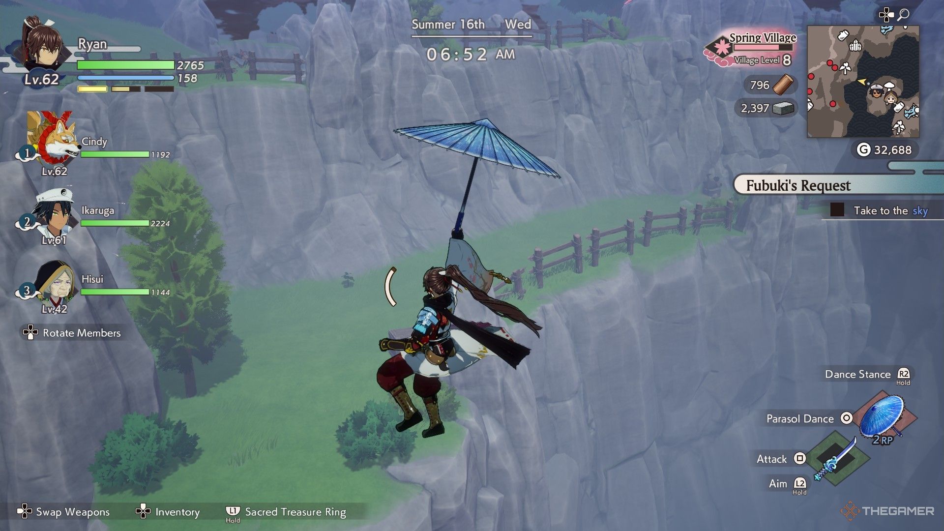 Gliding over a crevasse in the Spring Region in Rune Factory Guardians of Azuma.