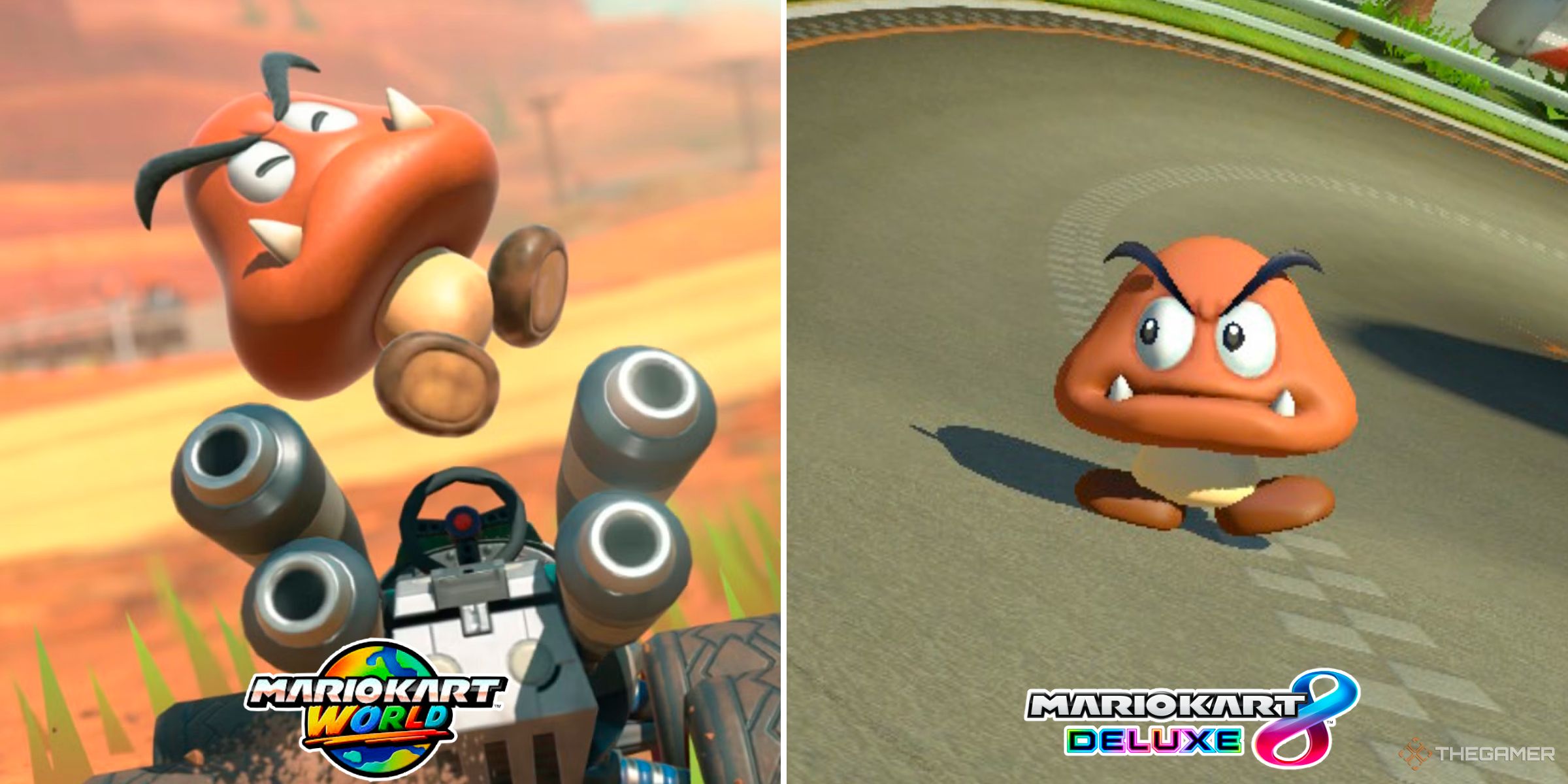 Goomba in Mario Kart World next to Goomba in Mario Kart 8 Deluxe.