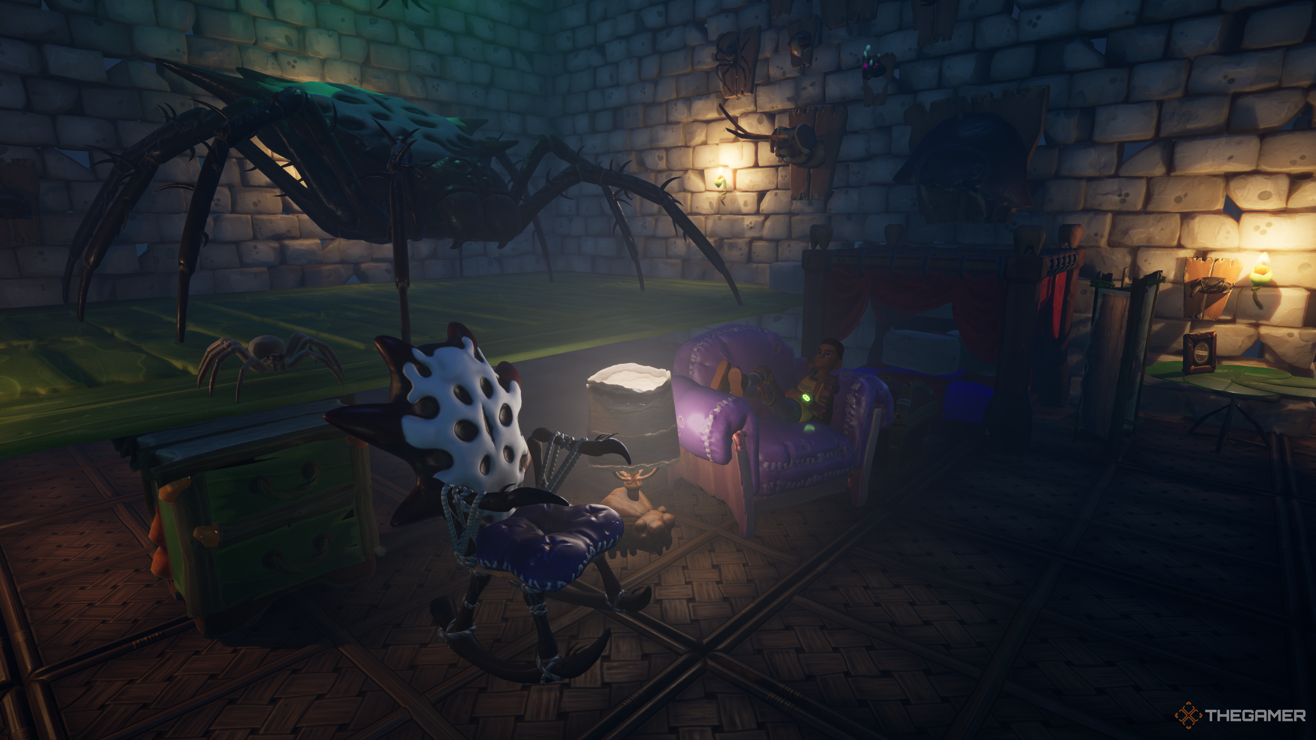 Sitting on a chair in my Grounded base, with a spider behind me.