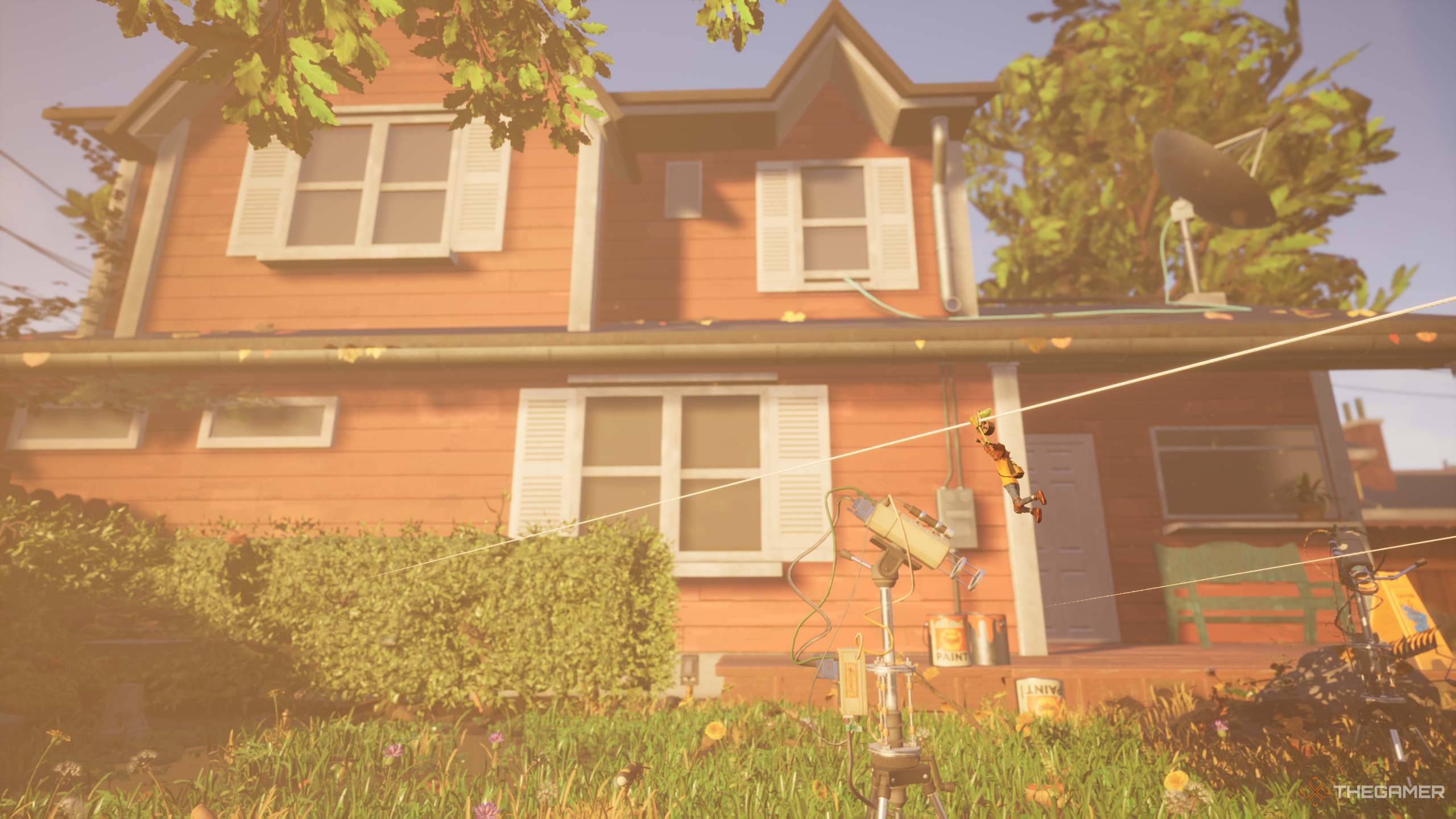 Ziplining in front of the house in Grounded.