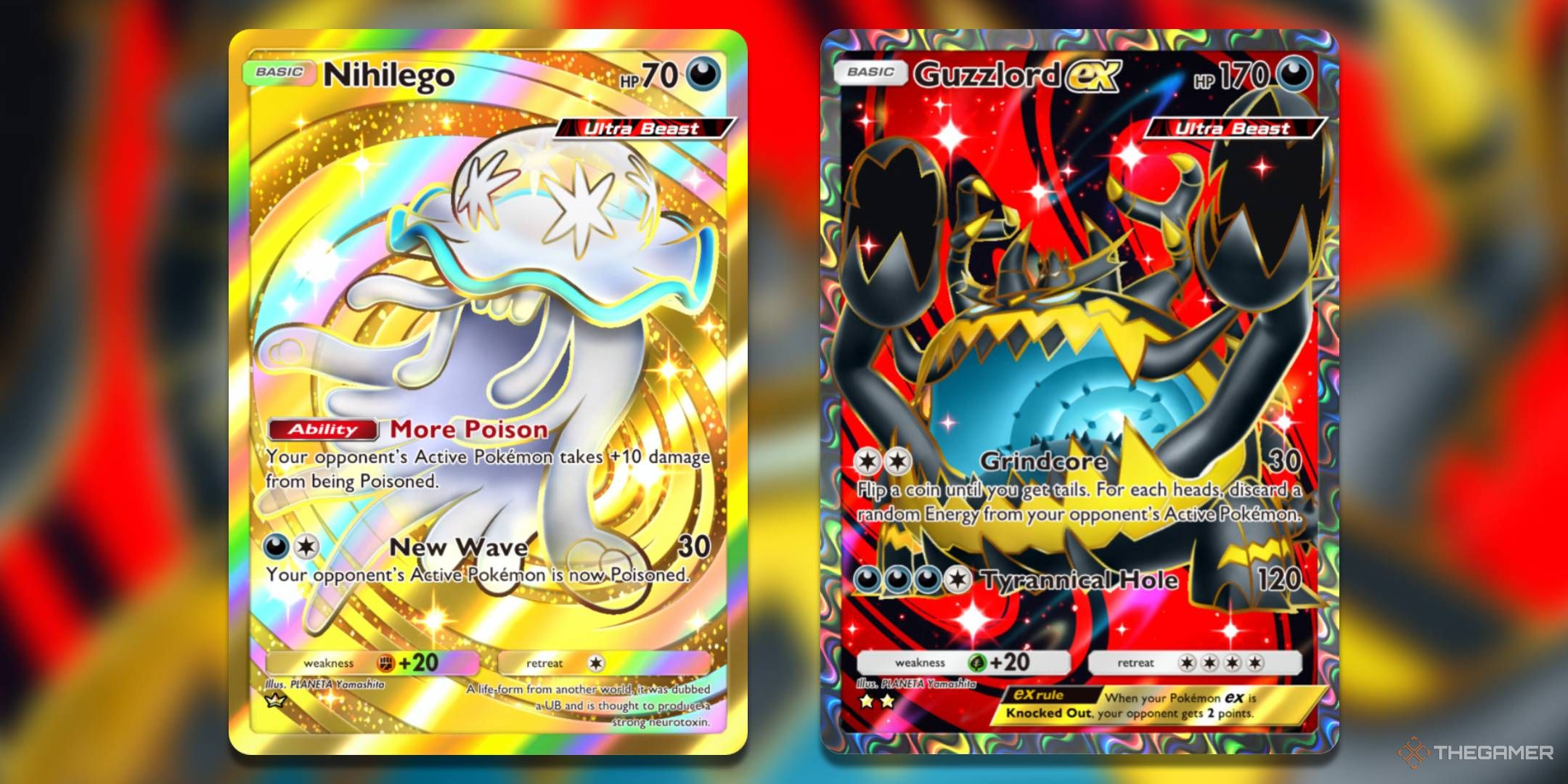 The Ultra Rare Nihilego and Super Rare Guzzlord ex cards, from Pokemon TCG Pocket's Extradimensional Crisis expansion.