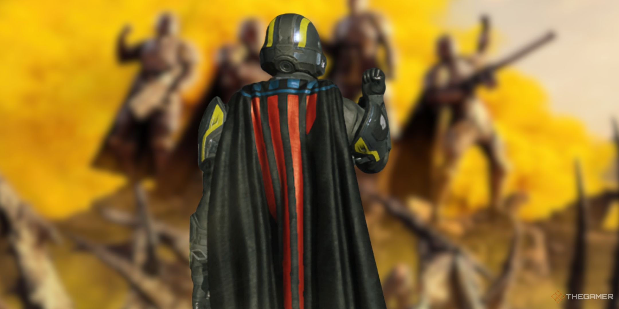 The review bomb cape in Helldivers 2, showing a cape with several red bars going down it, symbolising the negative reviews the game received last year