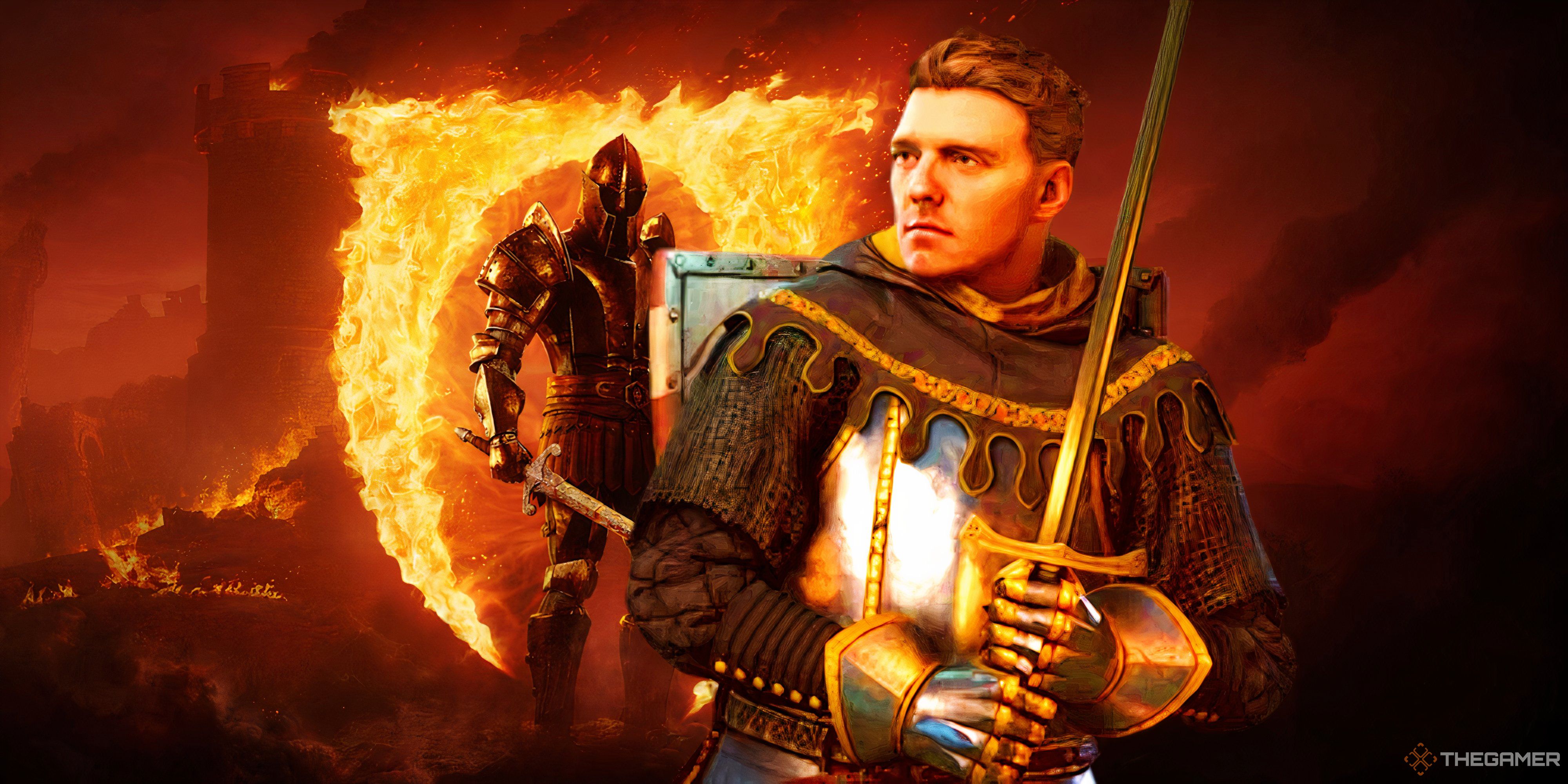 henry from kingdom come deliverance 2 standing in front of an oblivion knight and an oblivion gate.